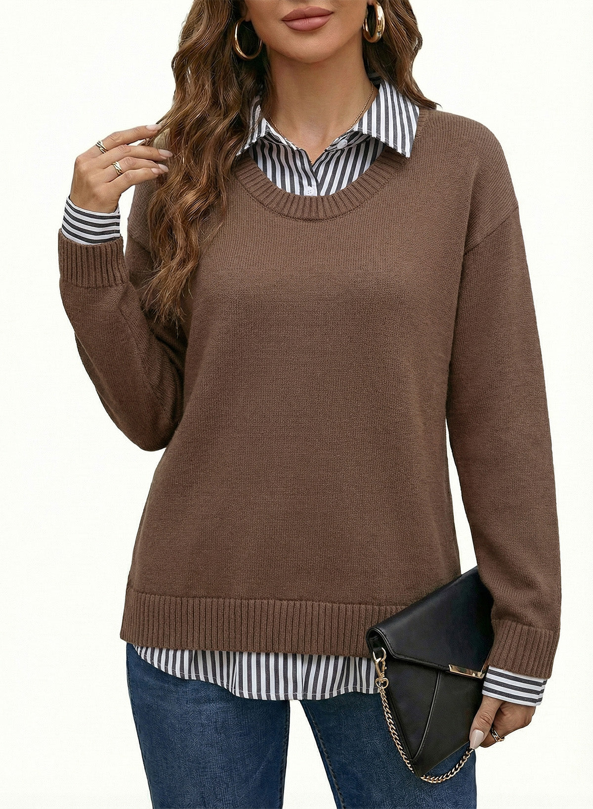 Dokotoo Sweaters for Women Long Sleeve Striped 2 in 1 V Neck Polo Pullover Sweater