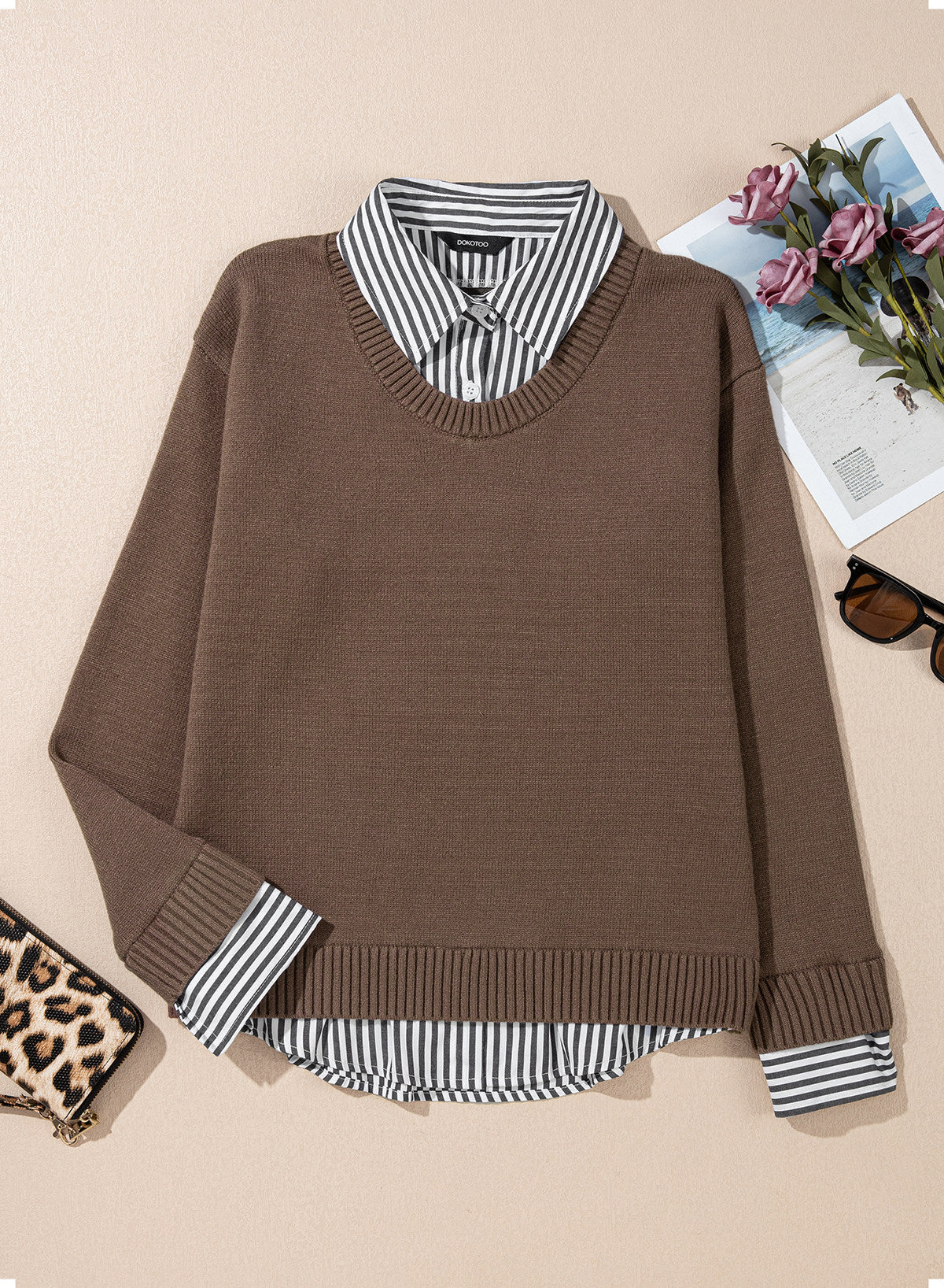 Dokotoo Sweaters for Women Long Sleeve Striped 2 in 1 V Neck Polo Pullover Sweater