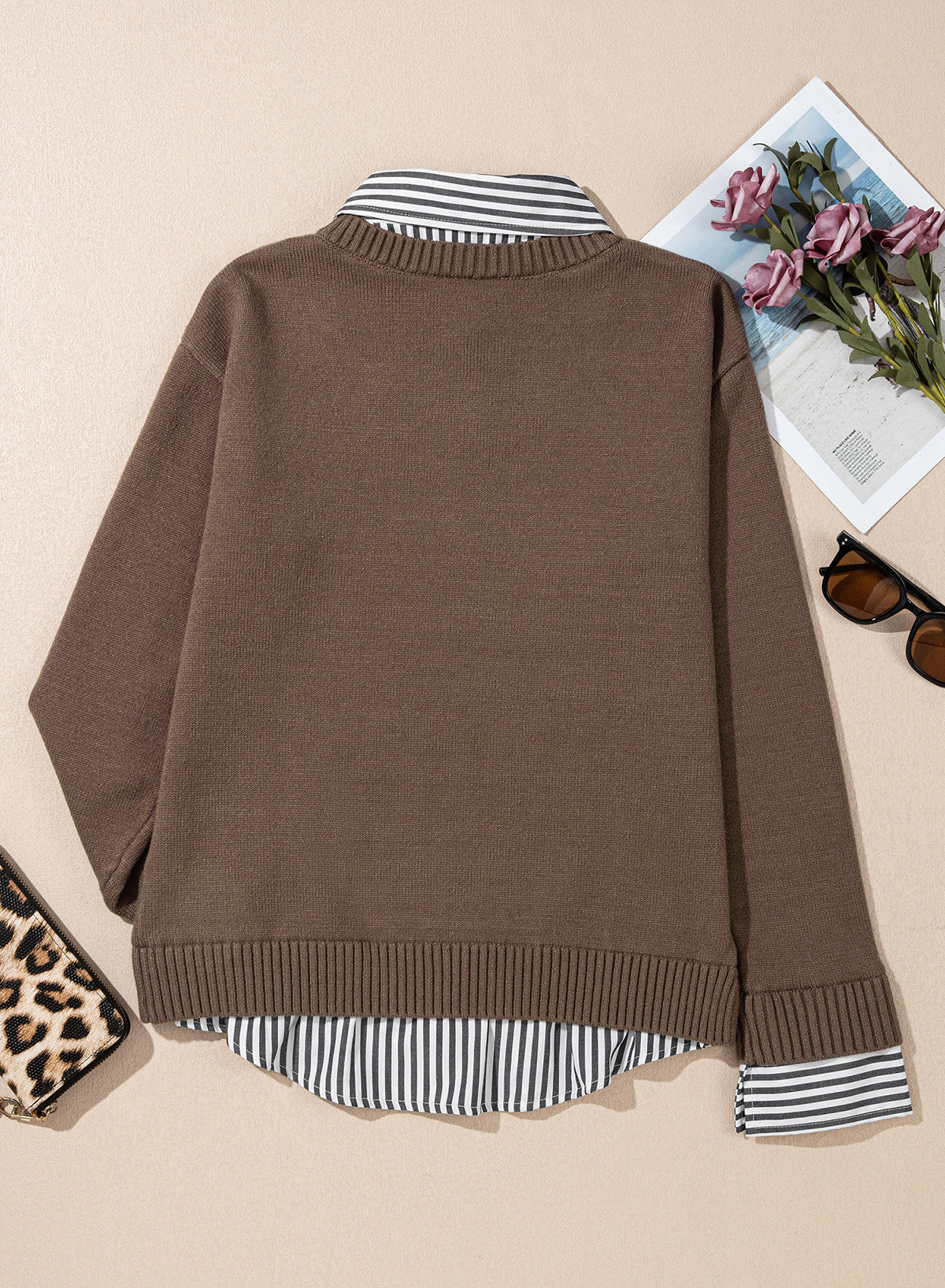 Dokotoo Sweaters for Women Long Sleeve Striped 2 in 1 V Neck Polo Pullover Sweater