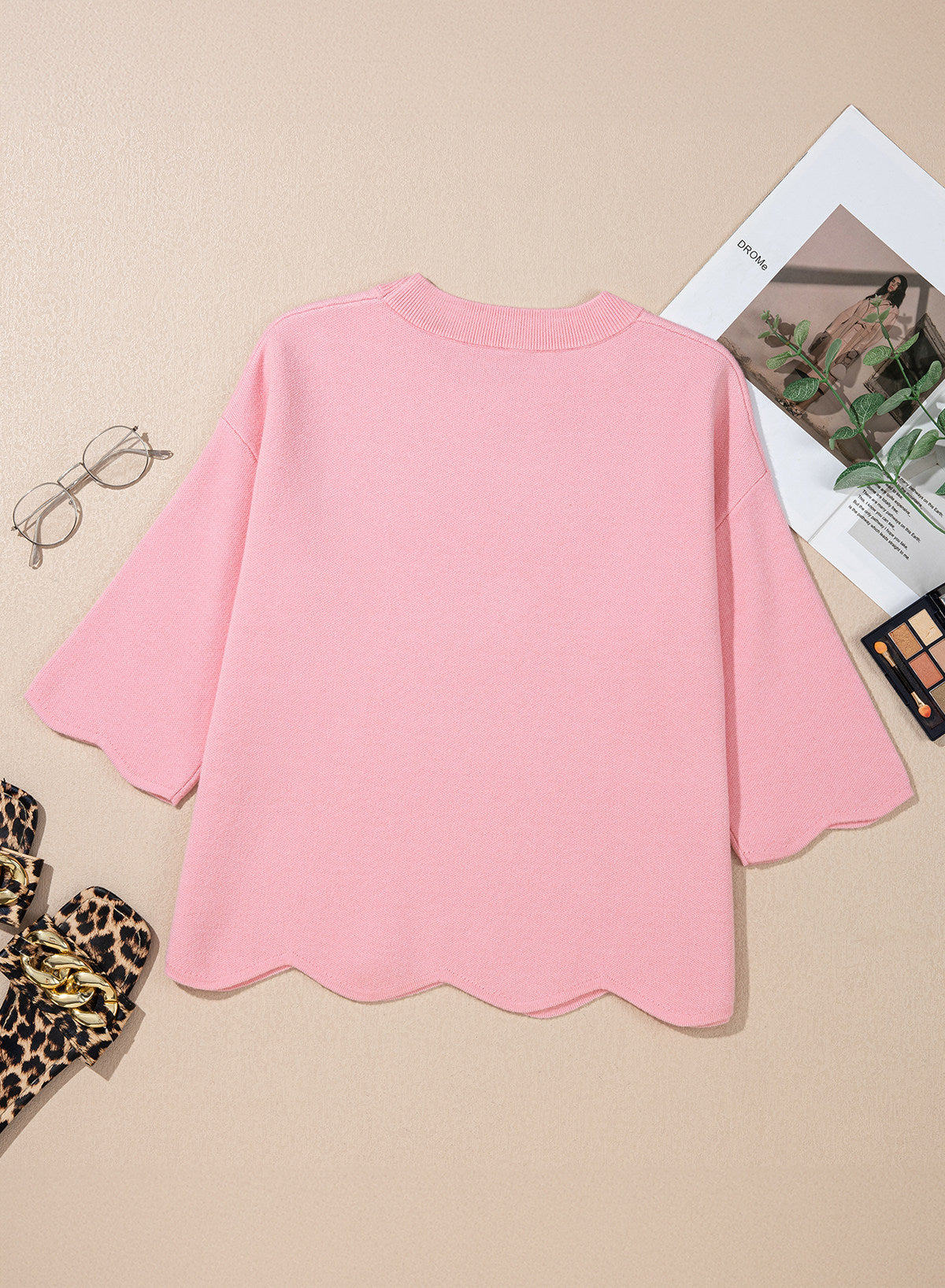 Sweaters for Women 3/4 Sleeve Scalloped Hem Top
