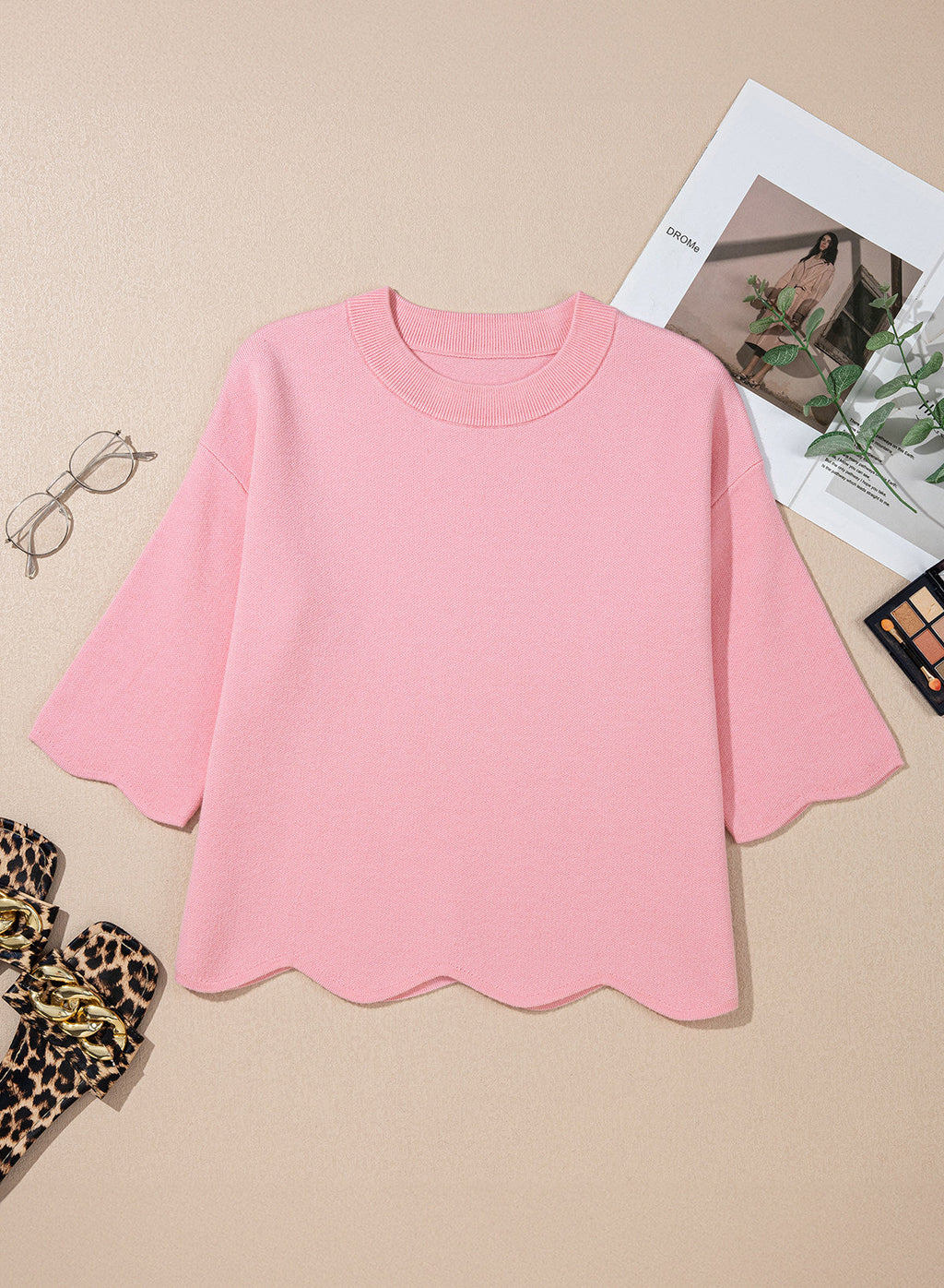 Sweaters for Women 3/4 Sleeve Scalloped Hem Top