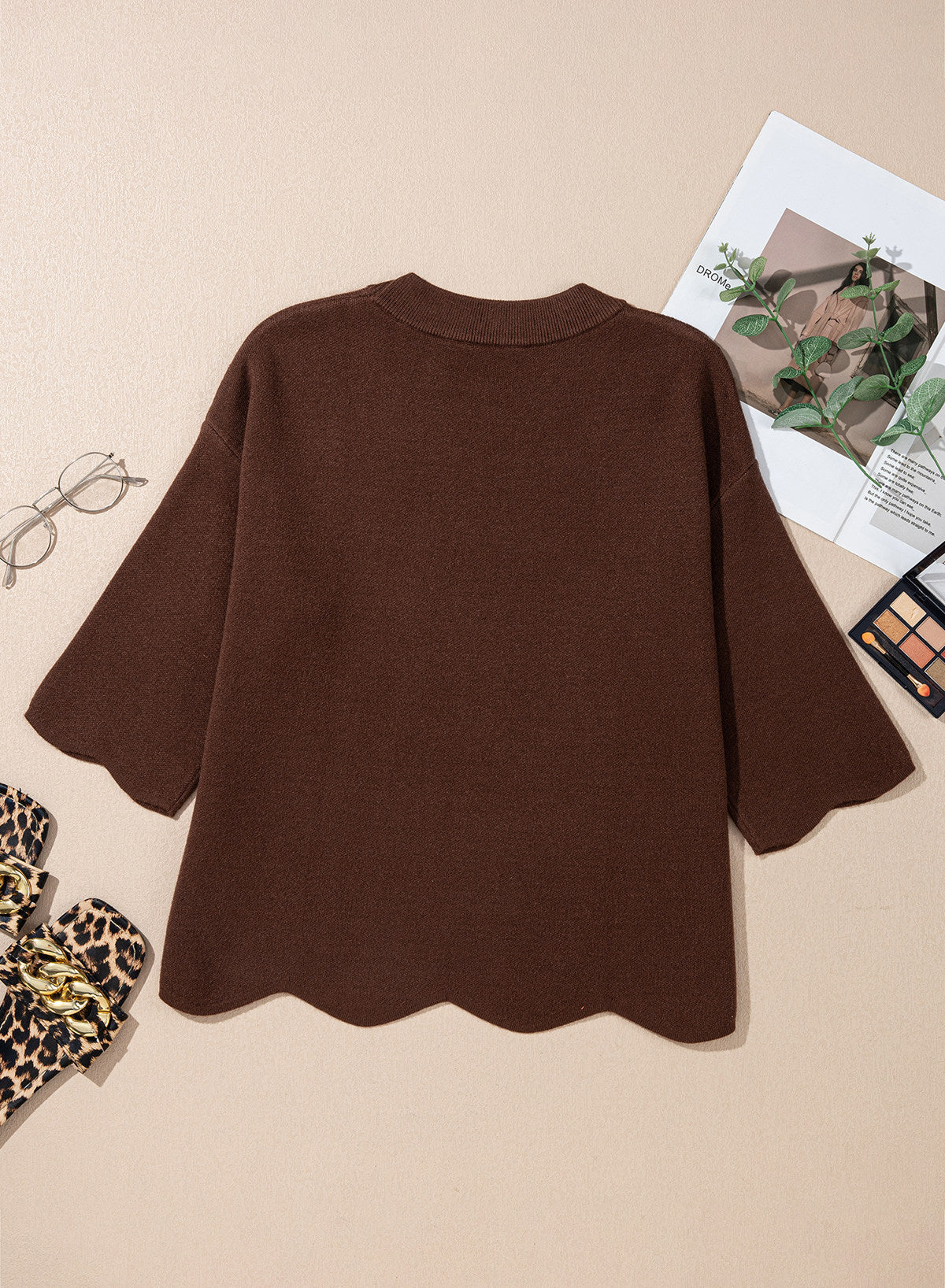 Sweaters for Women 3/4 Sleeve Scalloped Hem Top