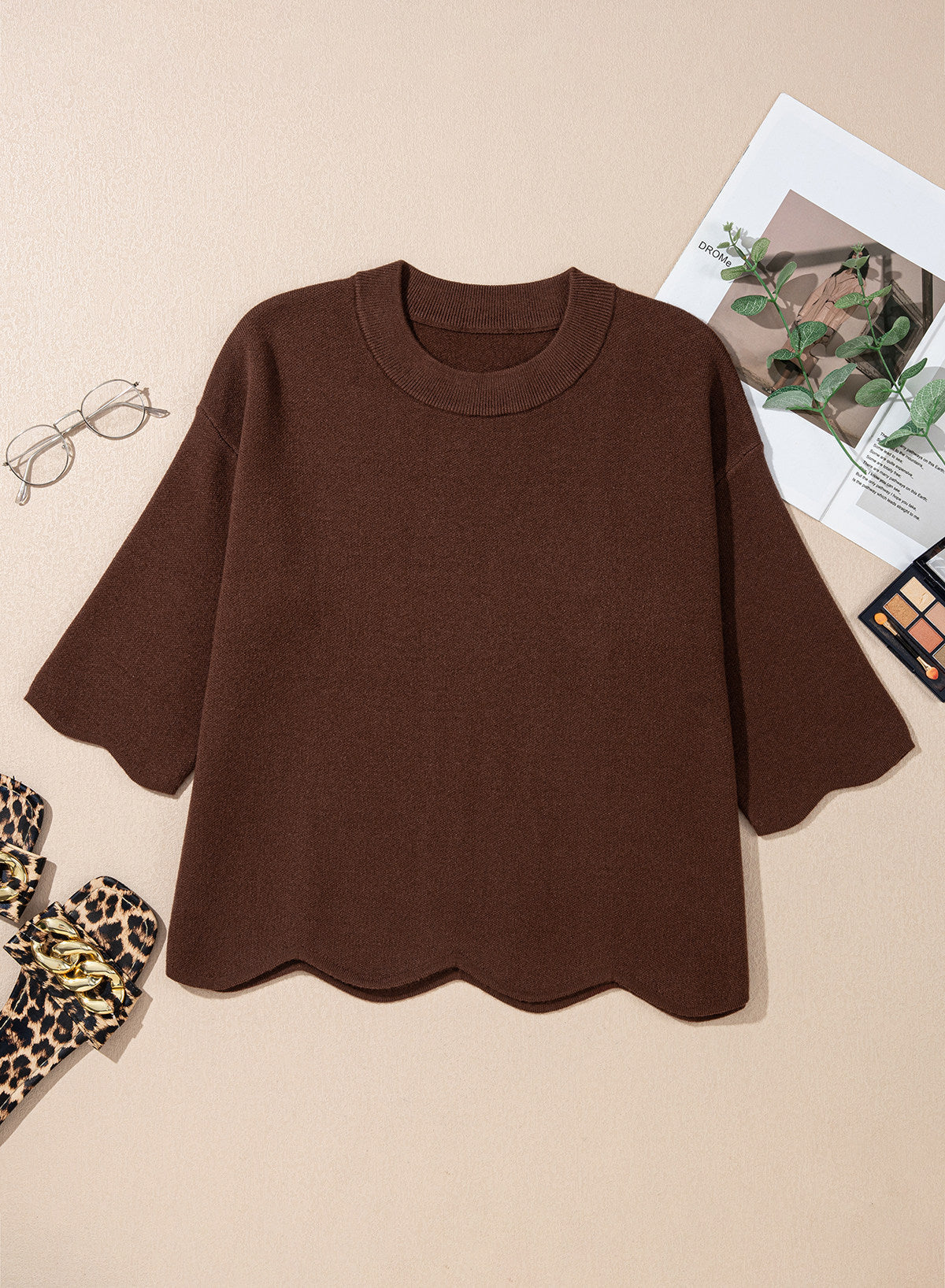 Sweaters for Women 3/4 Sleeve Scalloped Hem Top