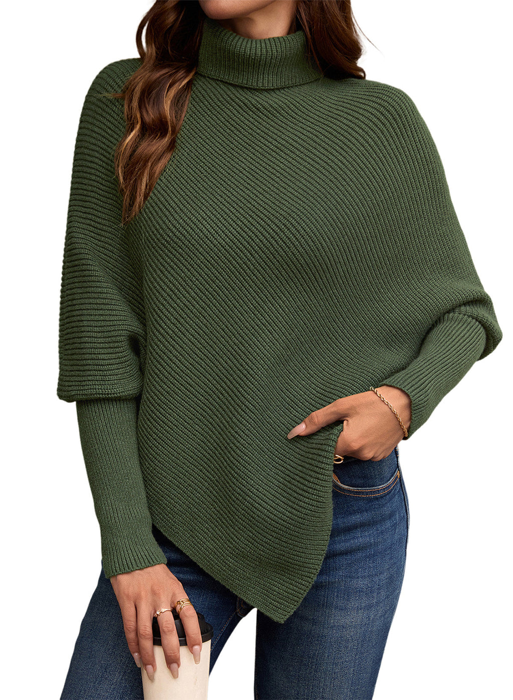 Women's Turtleneck Asymmetrical  Oversized Batwing Sleeve Sweaters