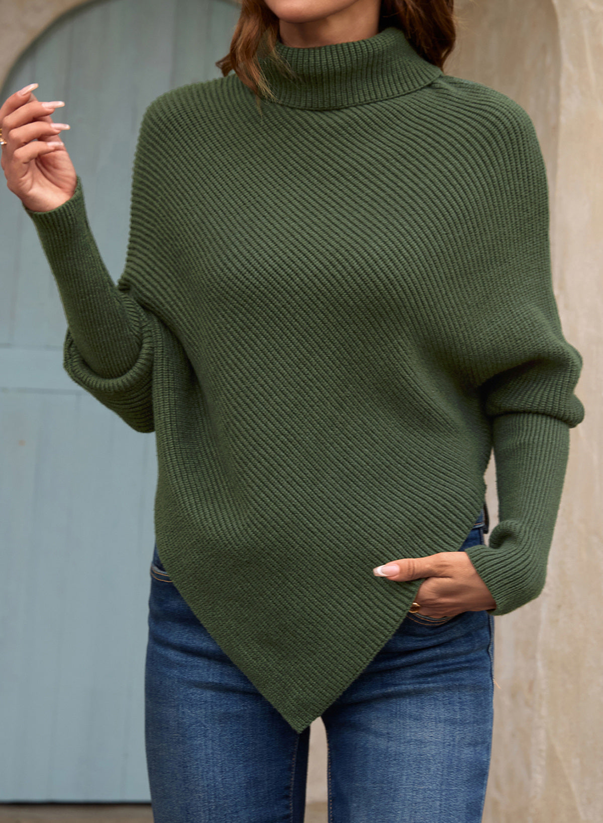 Women's Turtleneck Asymmetrical  Oversized Batwing Sleeve Sweaters