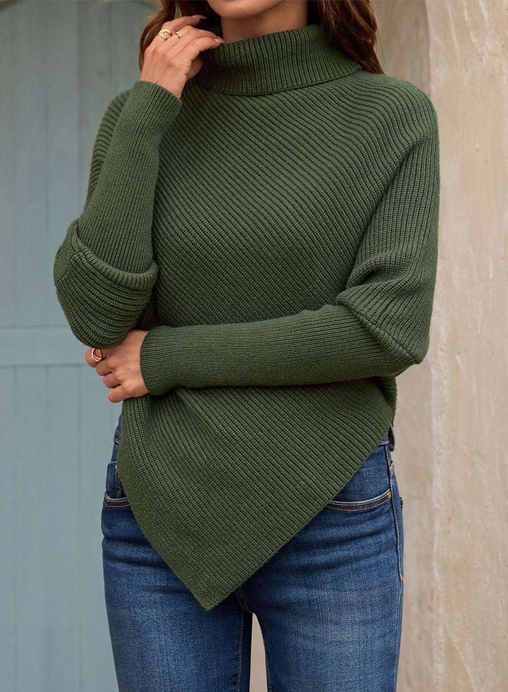 Women's Turtleneck Asymmetrical  Oversized Batwing Sleeve Sweaters