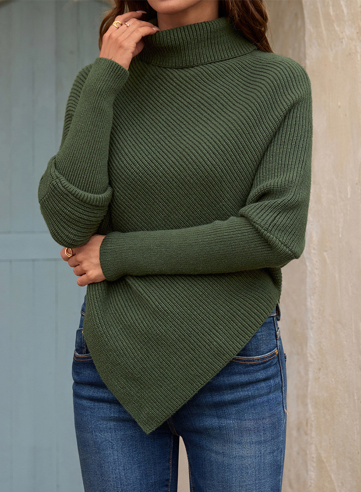 Women's Turtleneck Asymmetrical  Oversized Batwing Sleeve Sweaters