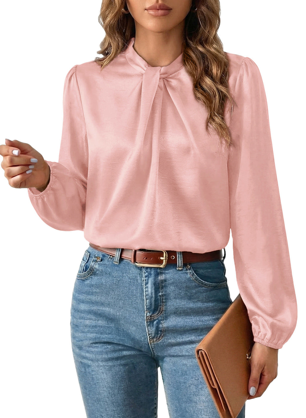 Women's Long Sleeve Satin Blouse,Mock Neck Work Silk Shirts,Dressy Tops for Business Casual Office