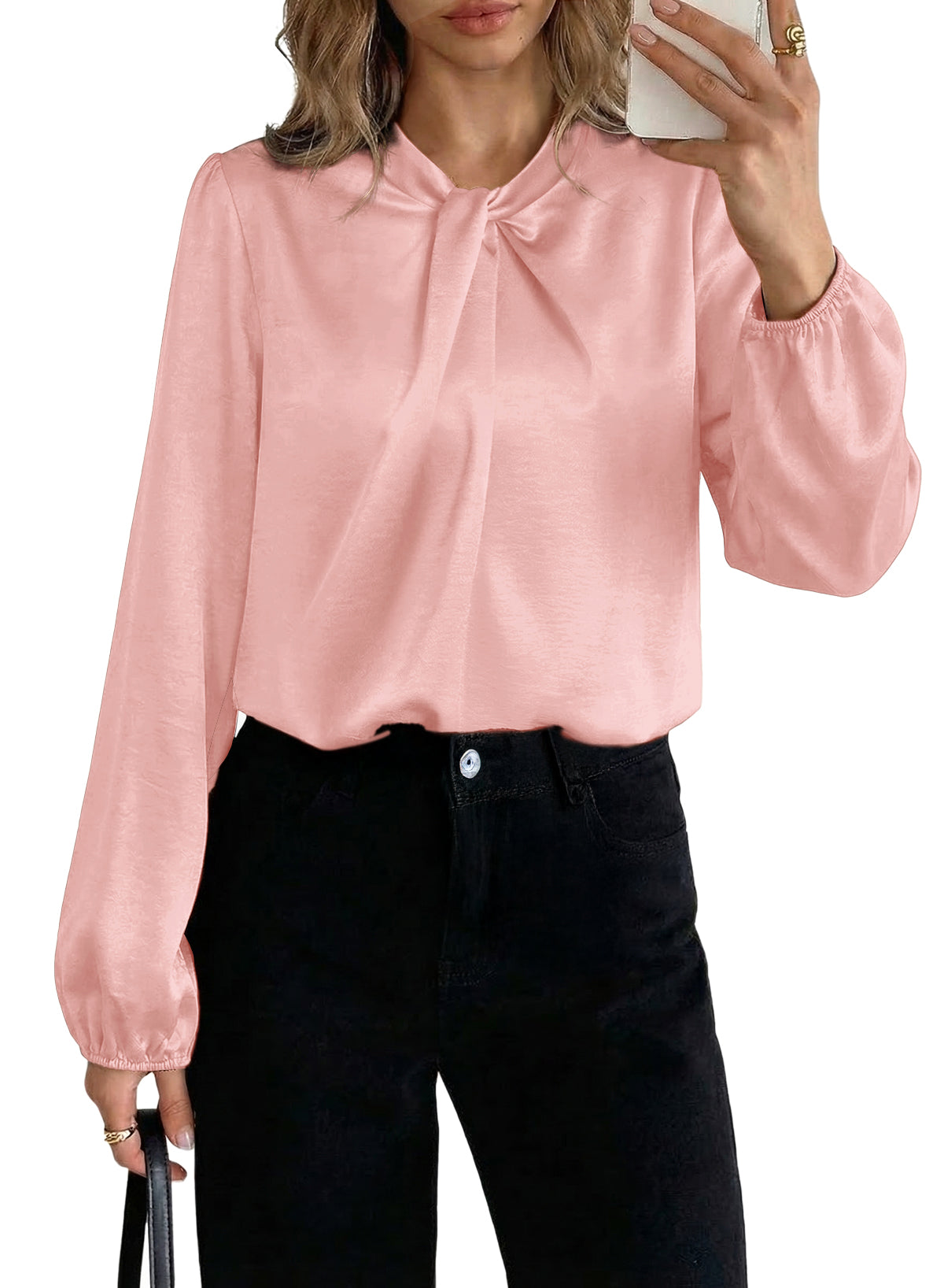 Women's Long Sleeve Satin Blouse,Mock Neck Work Silk Shirts,Dressy Tops for Business Casual Office