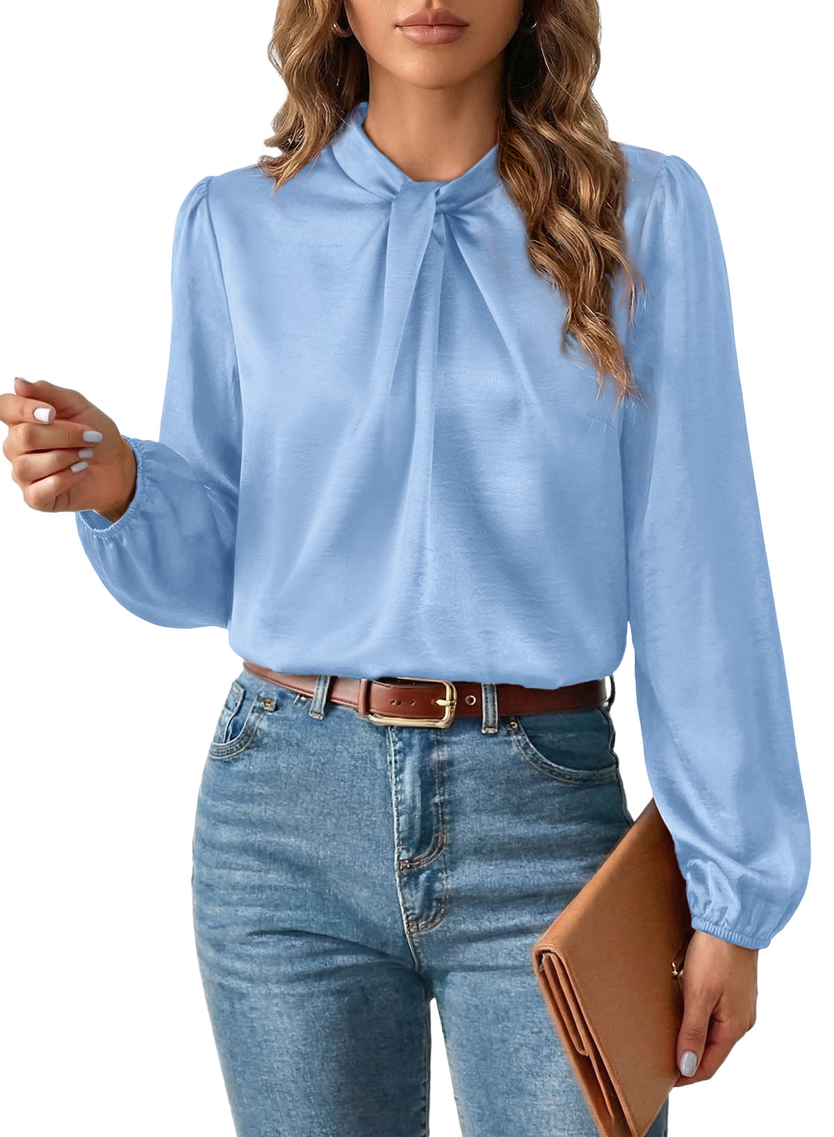Women's Long Sleeve Satin Blouse,Mock Neck Work Silk Shirts,Dressy Tops for Business Casual Office