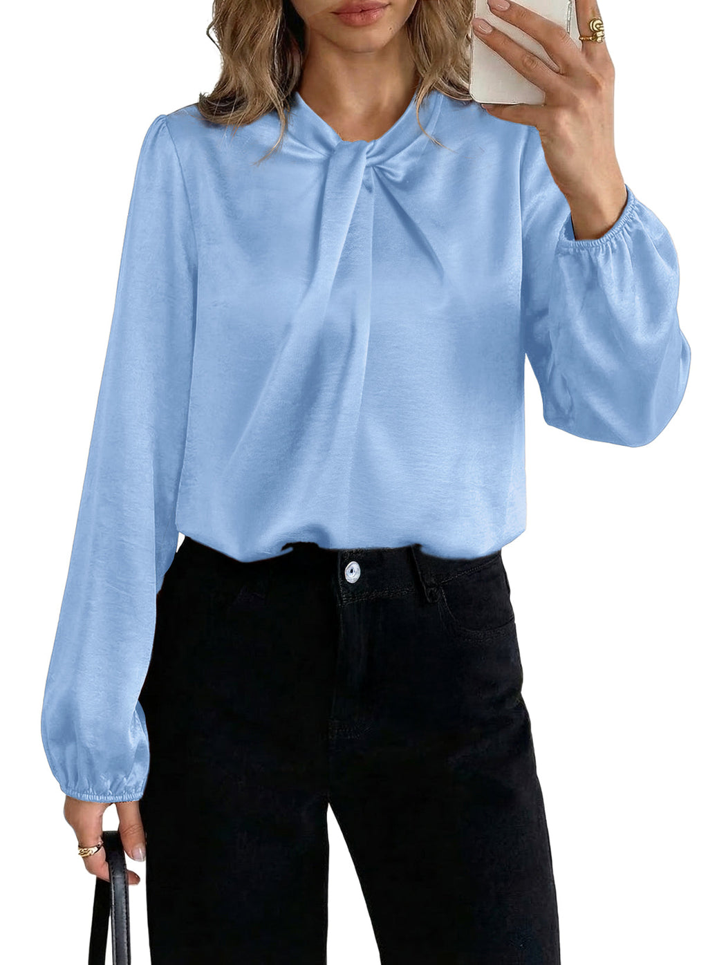 Women's Long Sleeve Satin Blouse,Mock Neck Work Silk Shirts,Dressy Tops for Business Casual Office