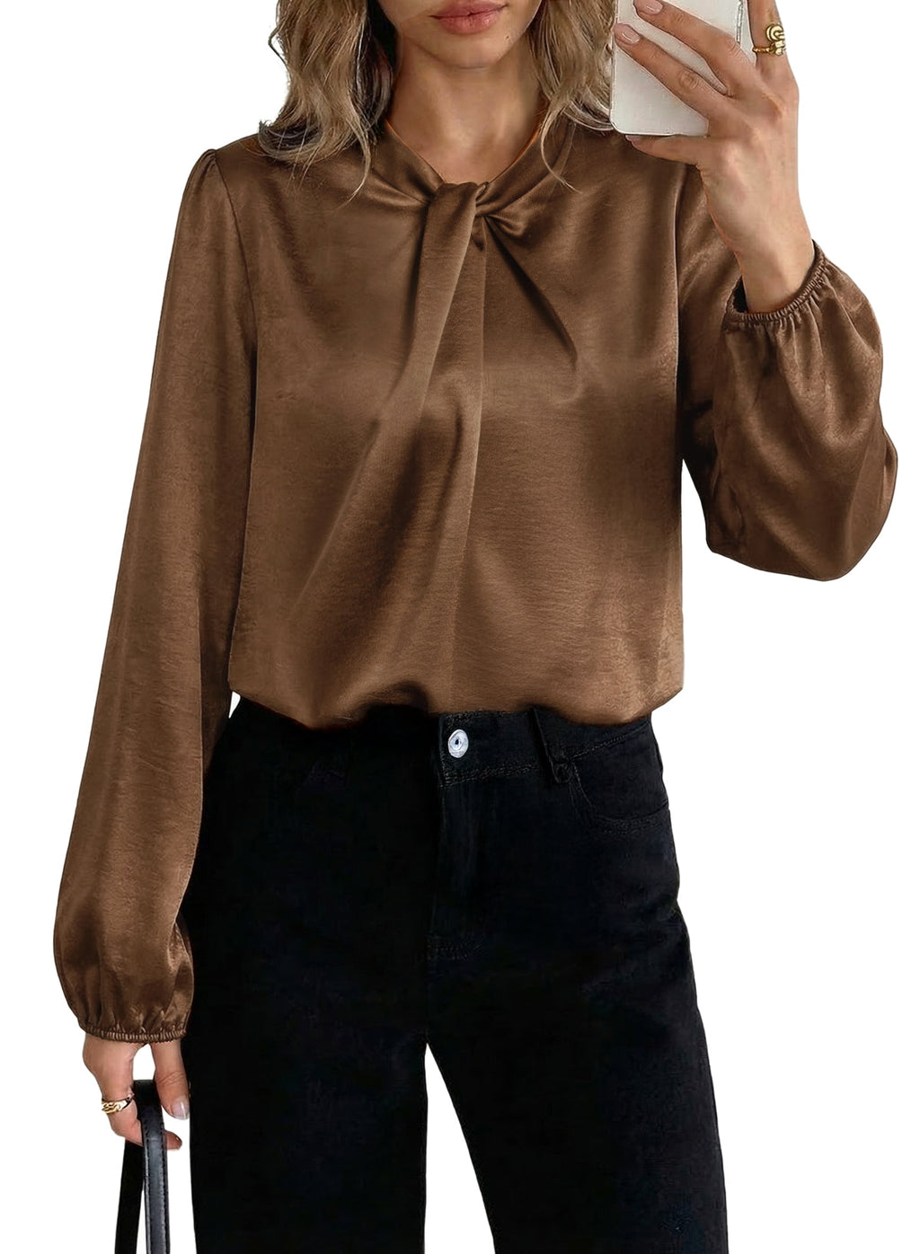 Women's Long Sleeve Satin Blouse,Mock Neck Work Silk Shirts,Dressy Tops for Business Casual Office
