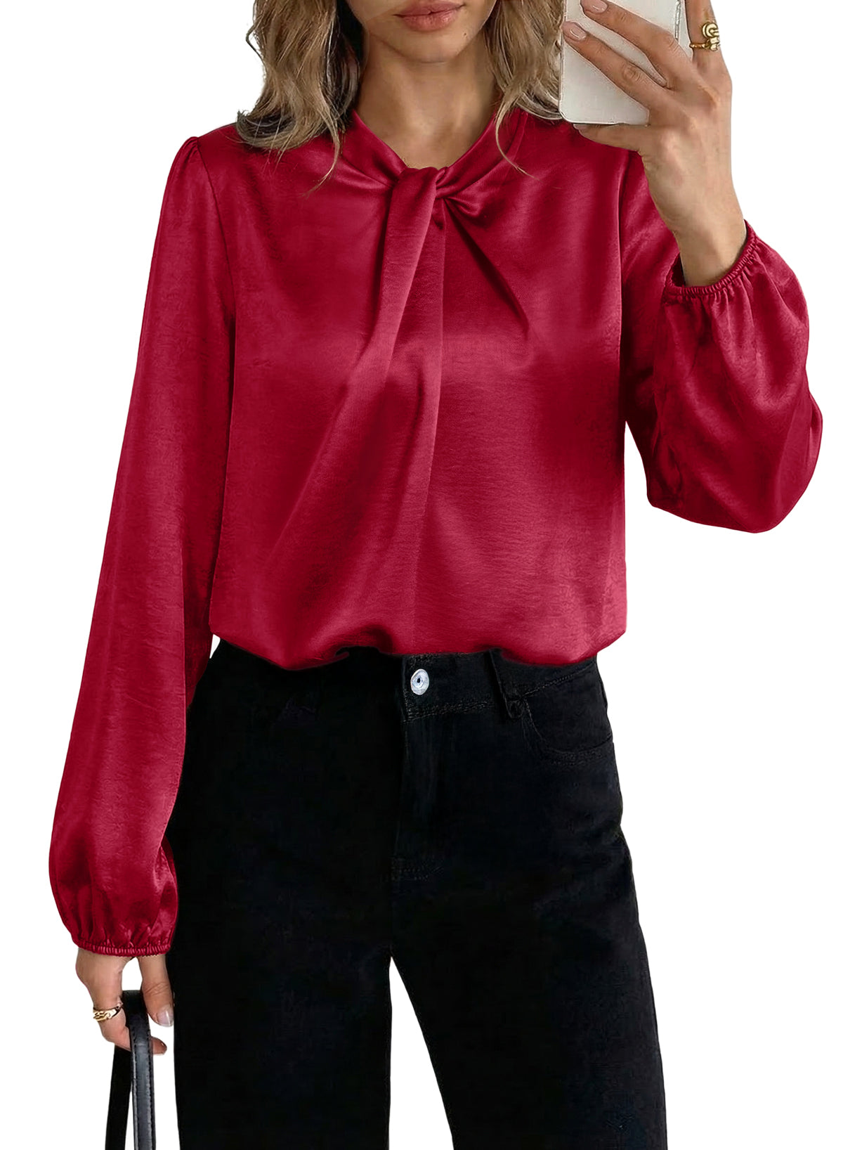 Women's Long Sleeve Satin Blouse,Mock Neck Work Silk Shirts,Dressy Tops for Business Casual Office