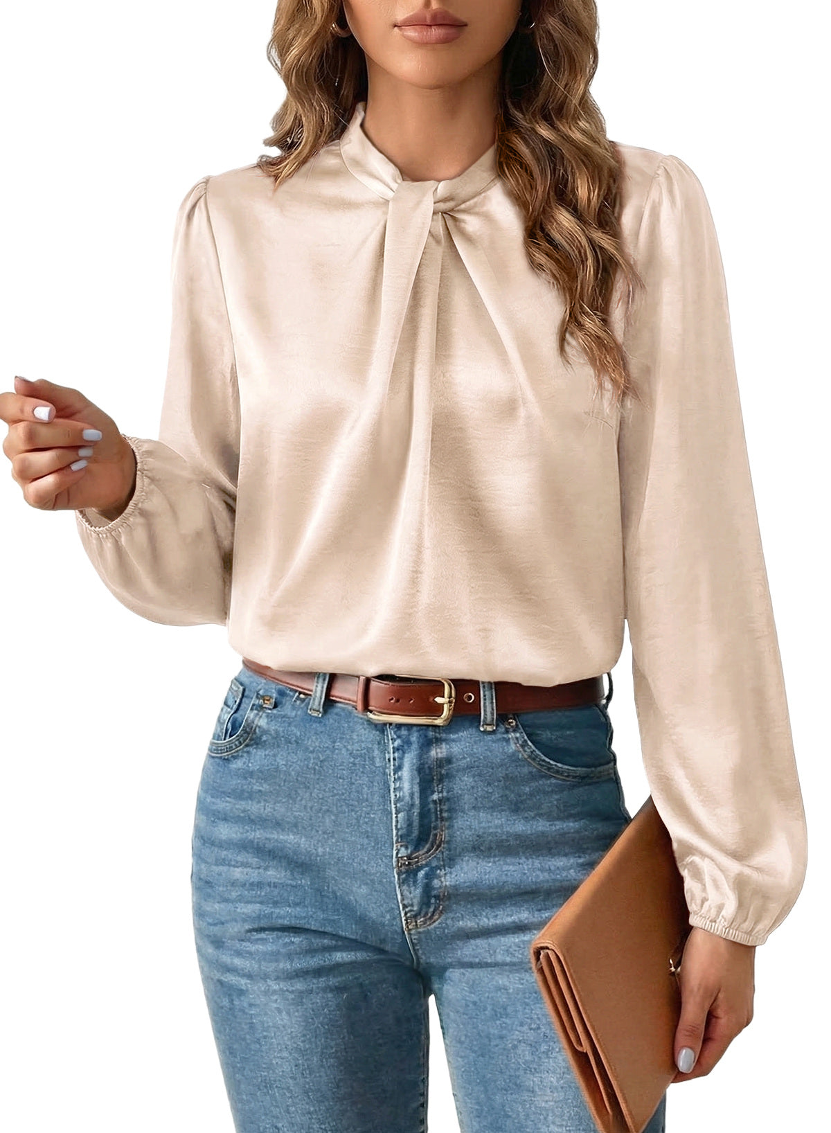 Women's Long Sleeve Satin Blouse,Mock Neck Work Silk Shirts,Dressy Tops for Business Casual Office