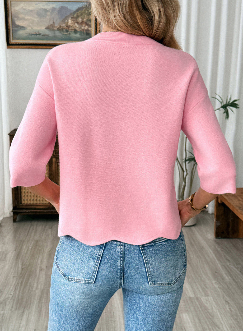 Sweaters for Women 3/4 Sleeve Scalloped Hem Top