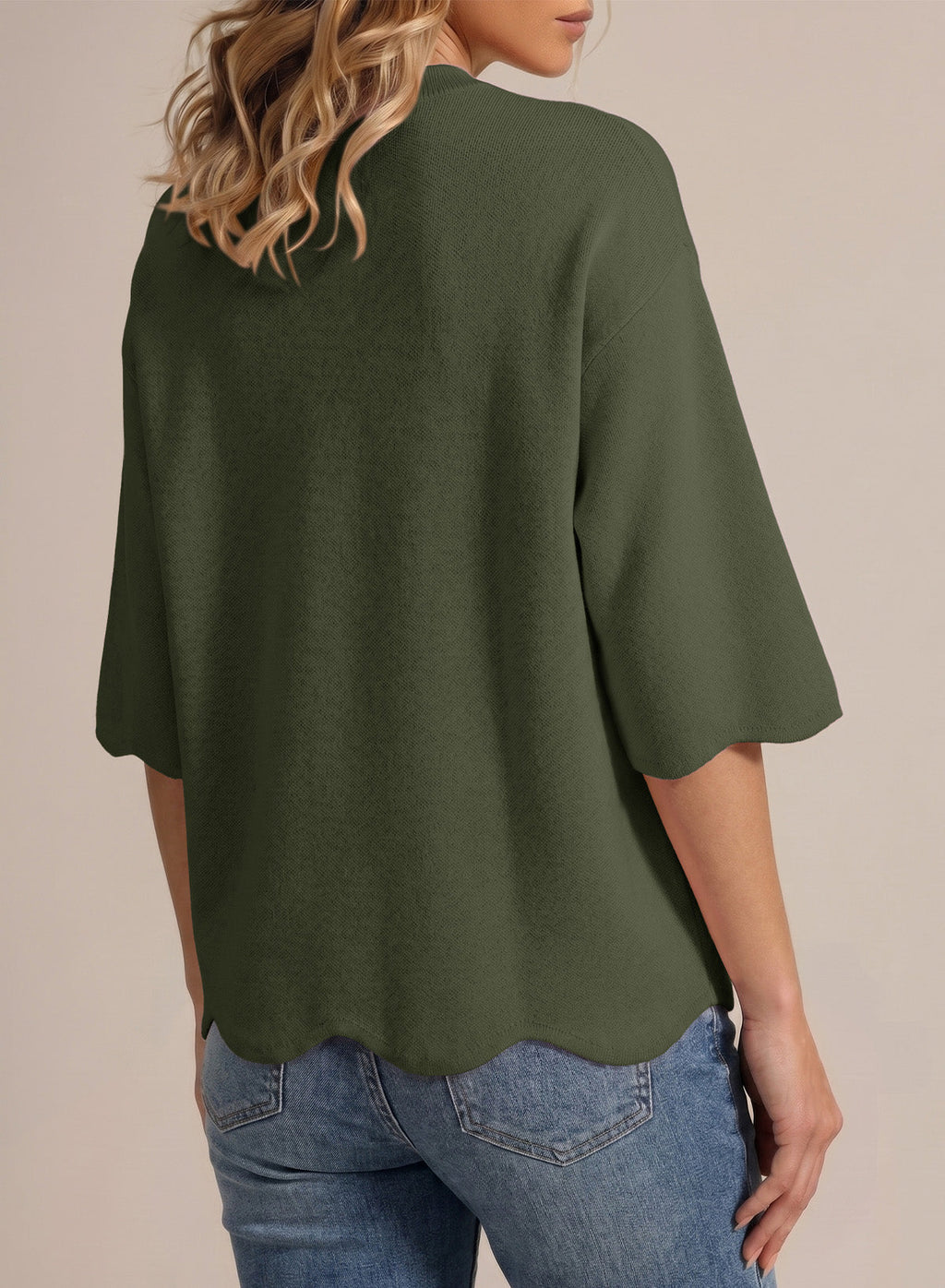 Sweaters for Women 3/4 Sleeve Scalloped Hem Top