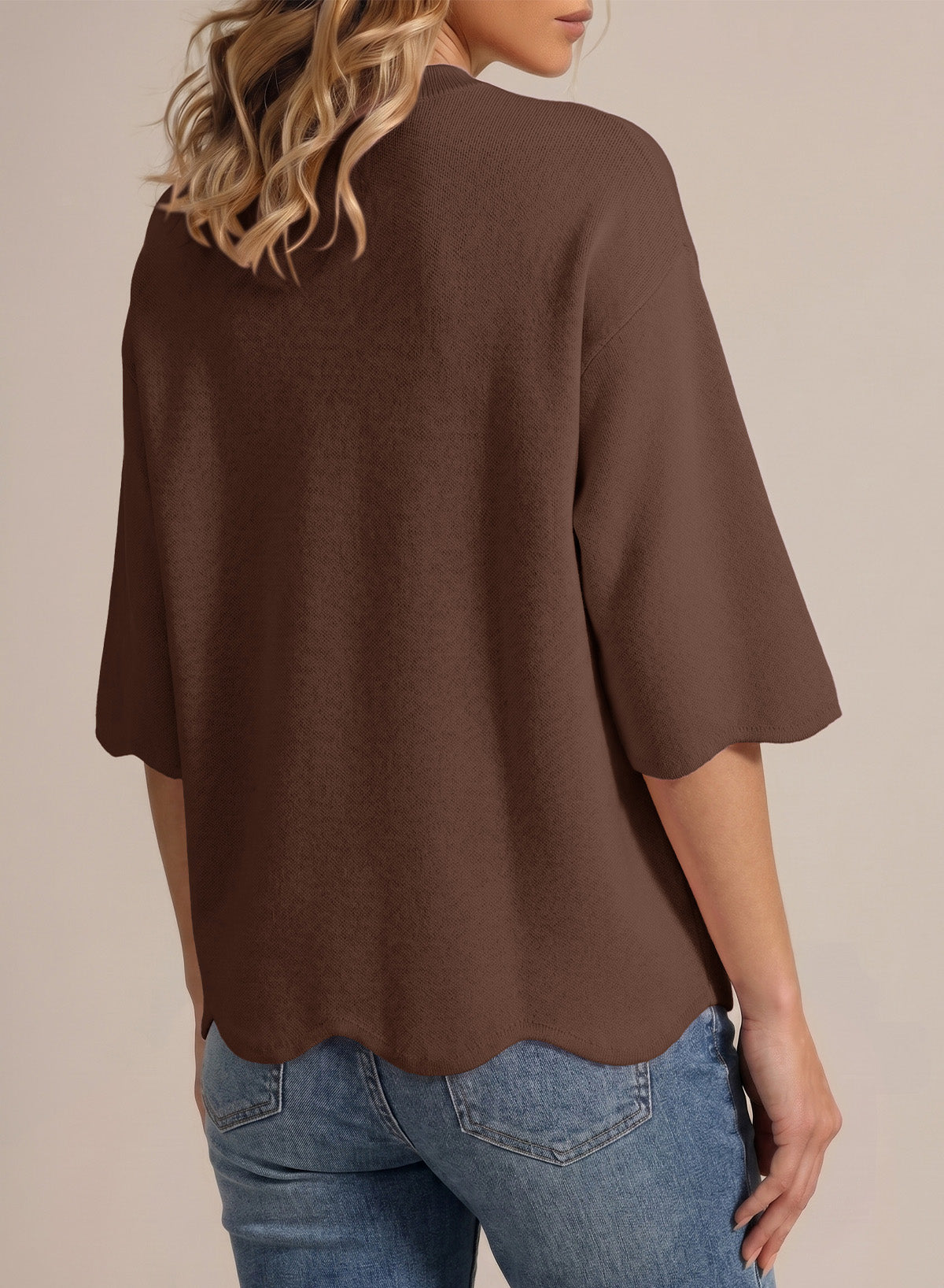 Sweaters for Women 3/4 Sleeve Scalloped Hem Top