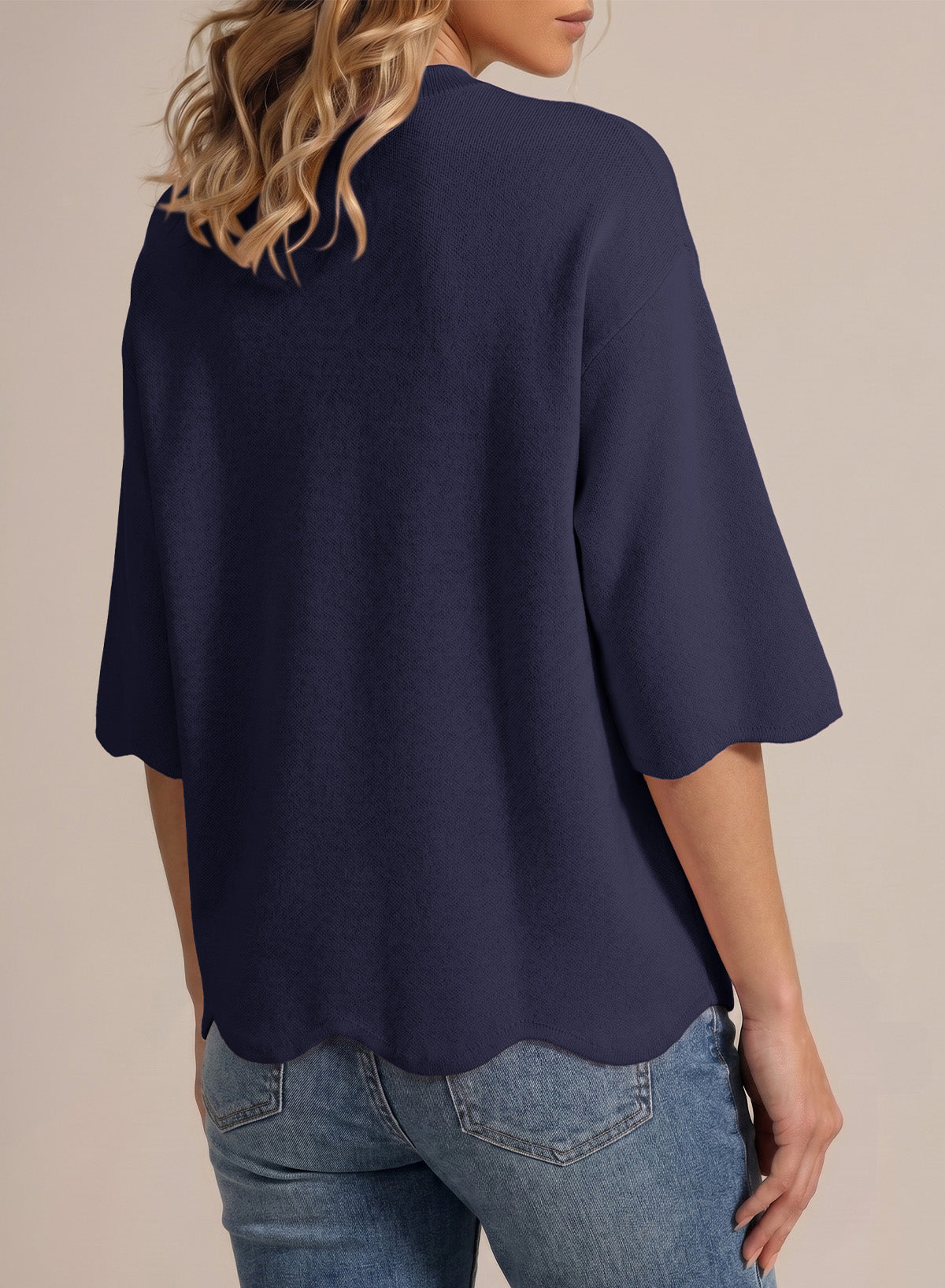 Sweaters for Women 3/4 Sleeve Scalloped Hem Top