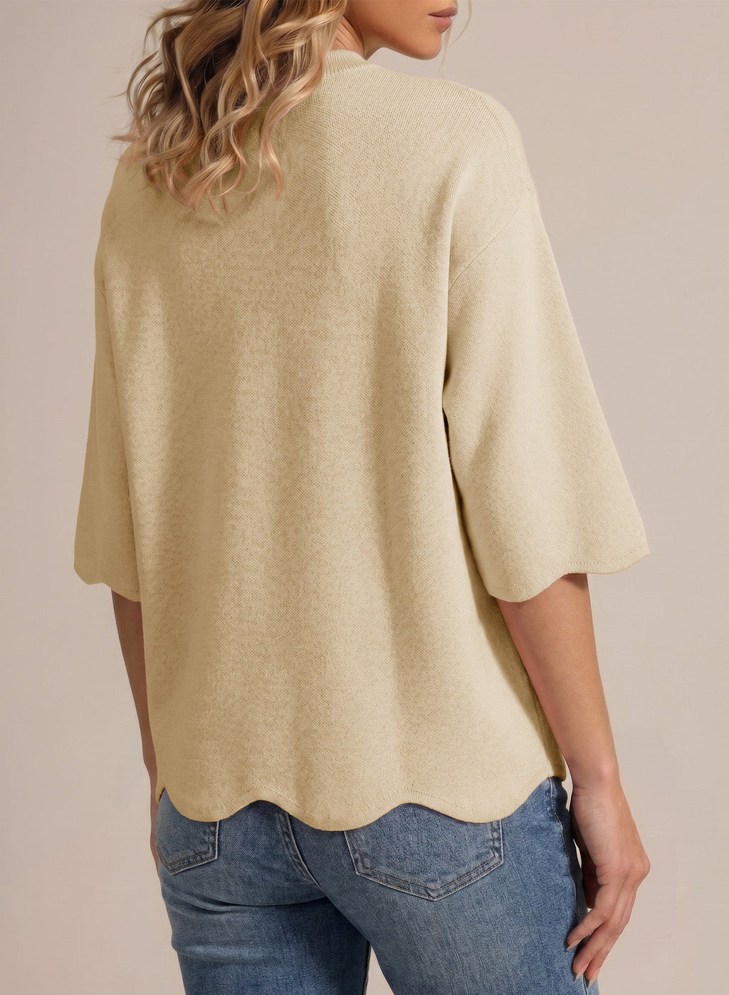 Sweaters for Women 3/4 Sleeve Scalloped Hem Top