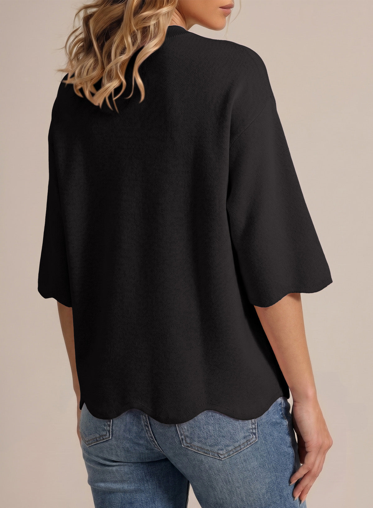 Sweaters for Women 3/4 Sleeve Scalloped Hem Top