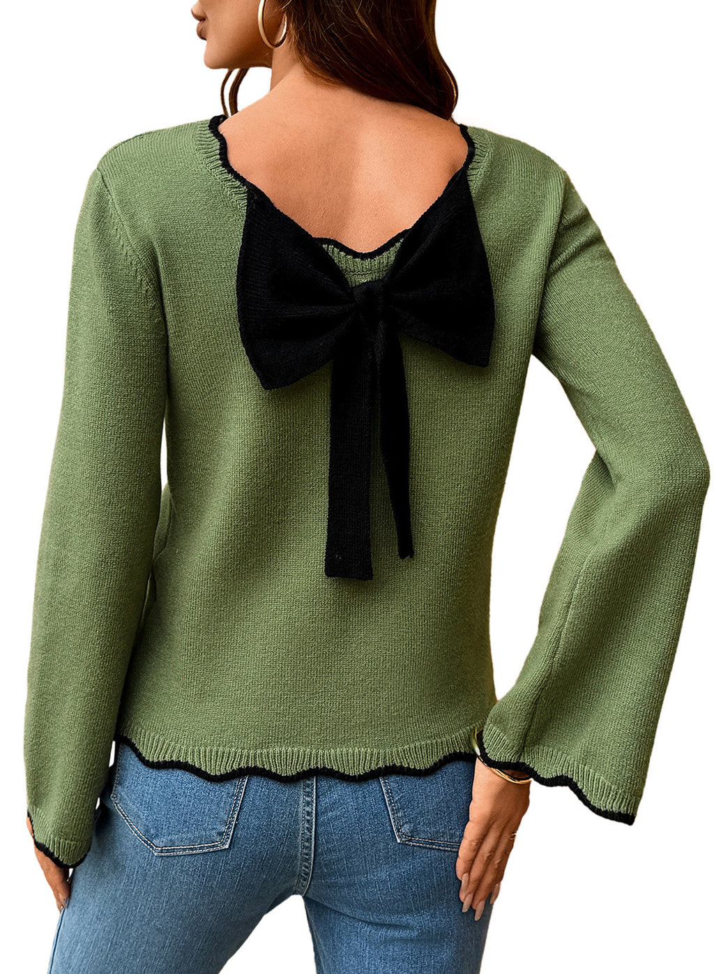 Sweaters for Women Long Sleeve Back Bow Sweaters Fall Pullover Tops
