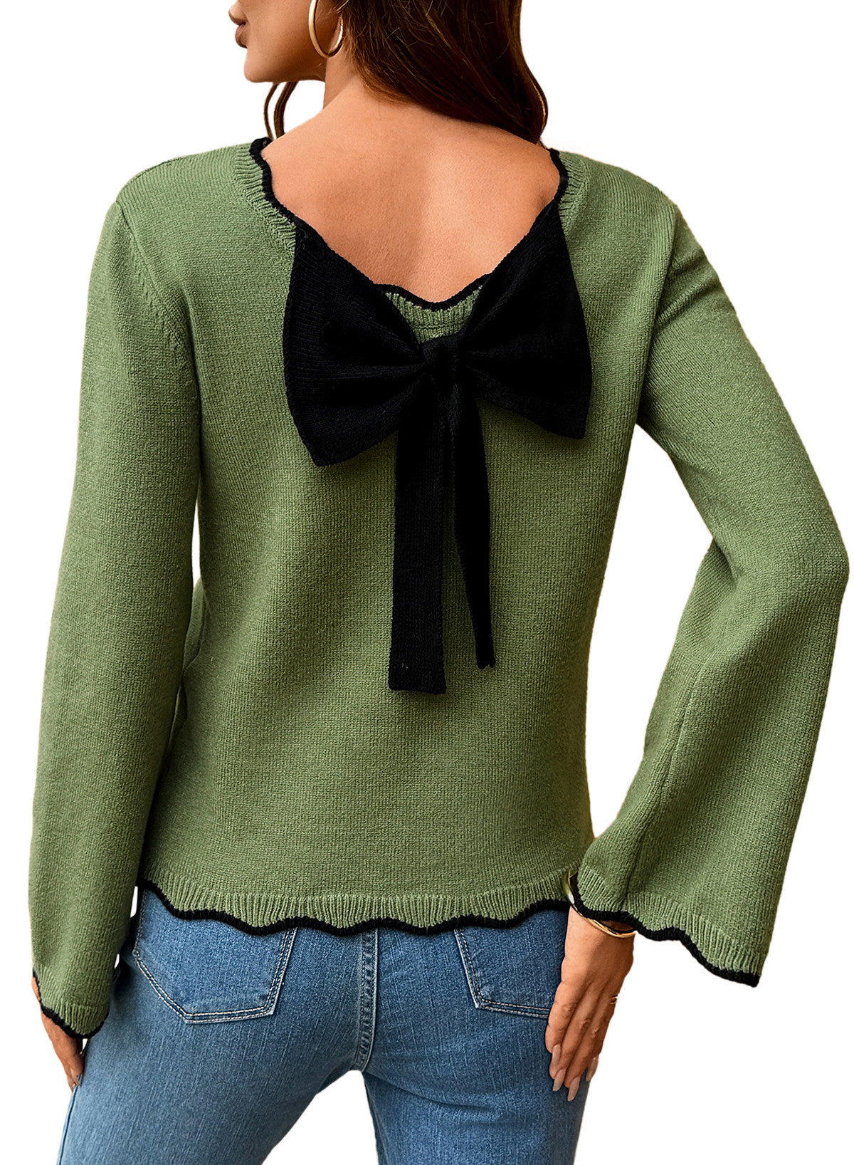 Sweaters for Women Long Sleeve Back Bow Sweaters Fall Pullover Tops