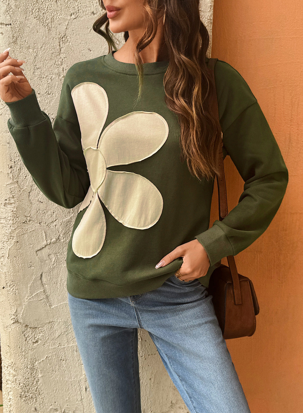 Womens Sweatshirt Long Sleeve Crew Neck Pullover Tops Floral Clothes