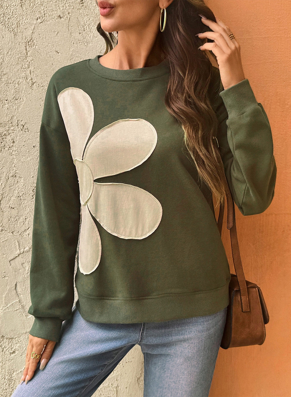 Womens Sweatshirt Long Sleeve Crew Neck Pullover Tops Floral Clothes