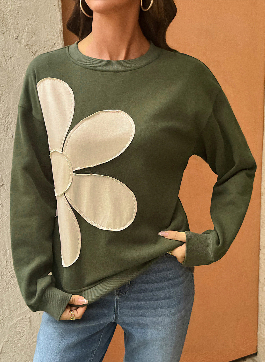 Womens Sweatshirt Long Sleeve Crew Neck Pullover Tops Floral Clothes