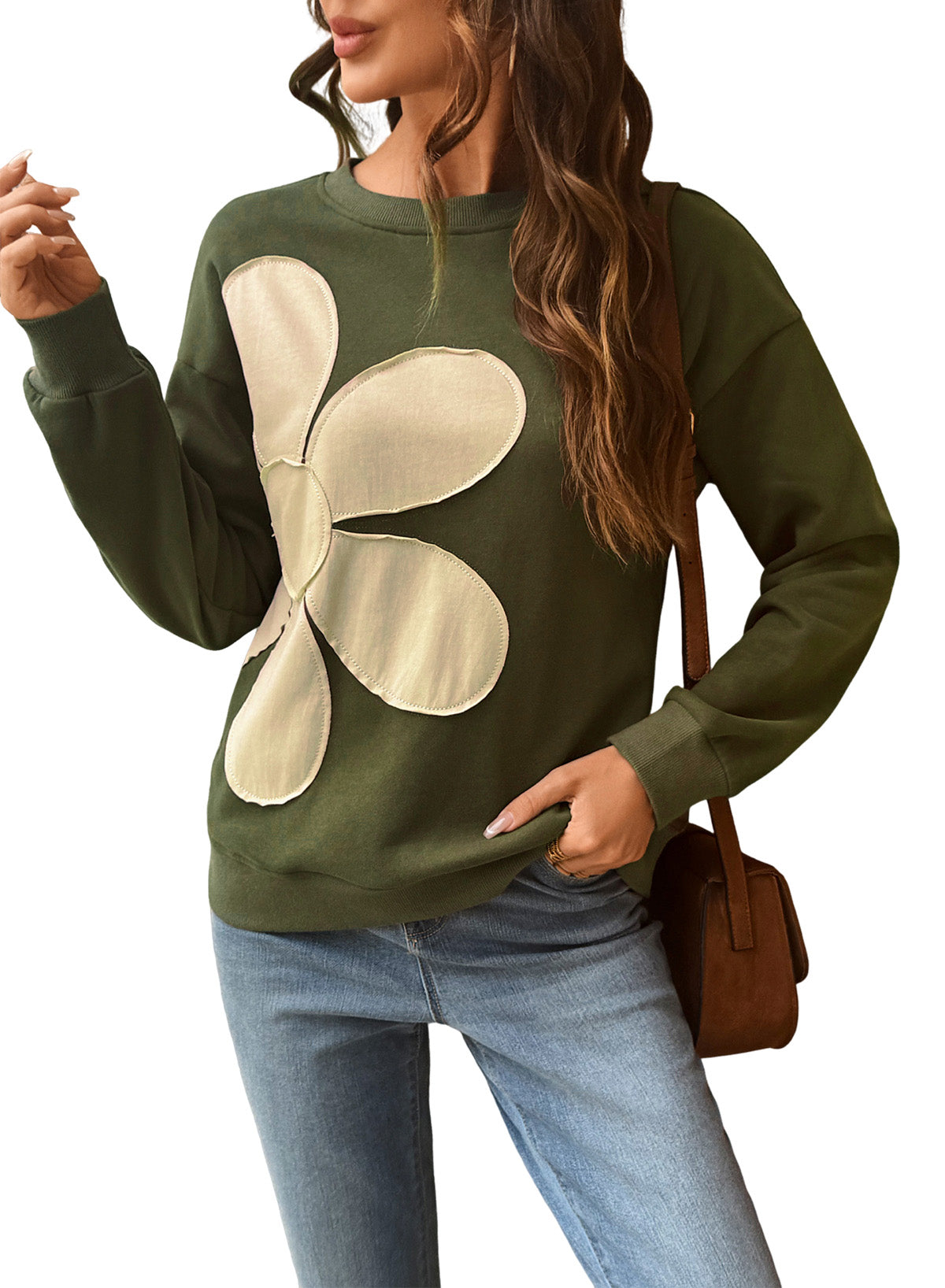 Womens Sweatshirt Long Sleeve Crew Neck Pullover Tops Floral Clothes