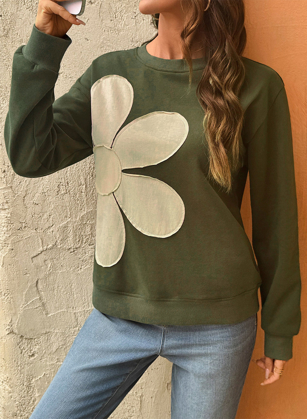 Womens Sweatshirt Long Sleeve Crew Neck Pullover Tops Floral Clothes