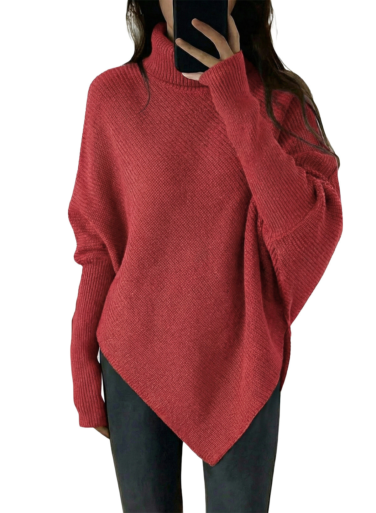 Women's Turtleneck Asymmetrical  Oversized Batwing Sleeve Sweaters