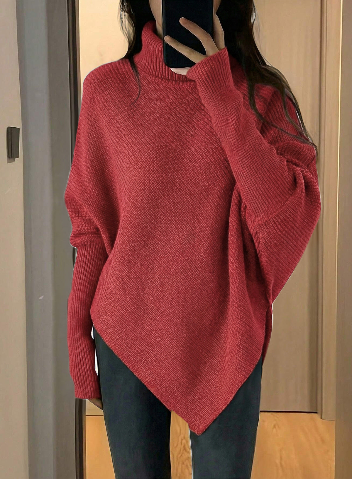 Women's Turtleneck Asymmetrical  Oversized Batwing Sleeve Sweaters