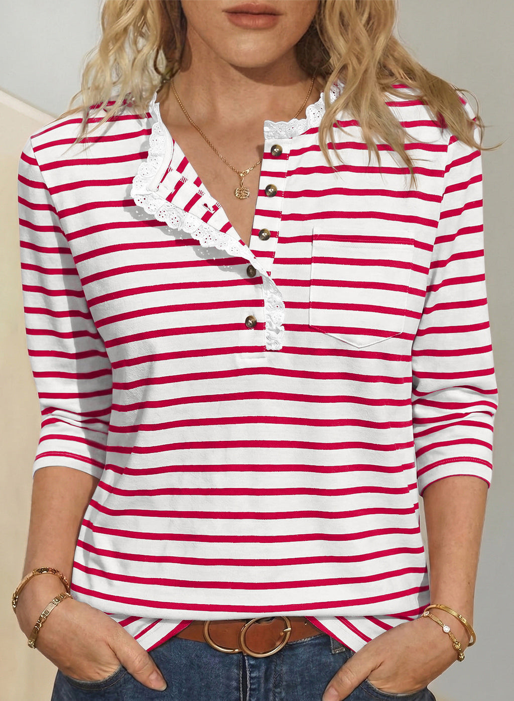 Womens Tops 3/4 Length Sleeve V Neck Loose Casual T Shirts
