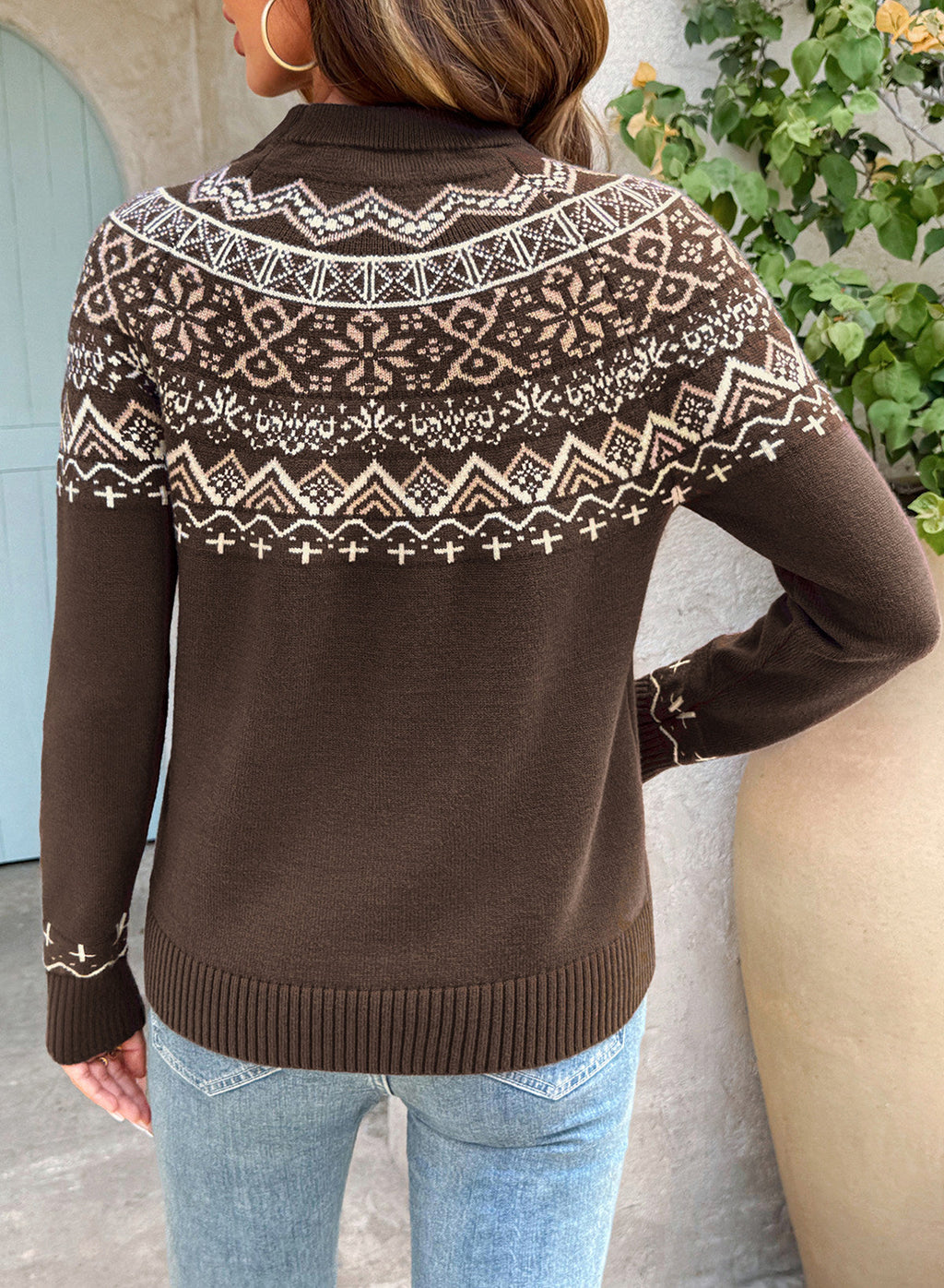 Festive Geometric Print Round Neck Shift Sweater