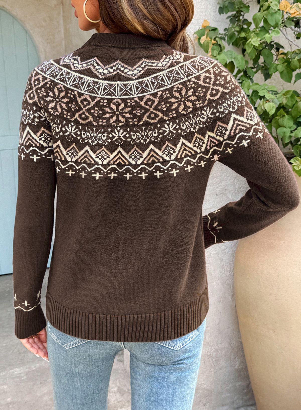 Festive Geometric Print Round Neck Shift Sweater