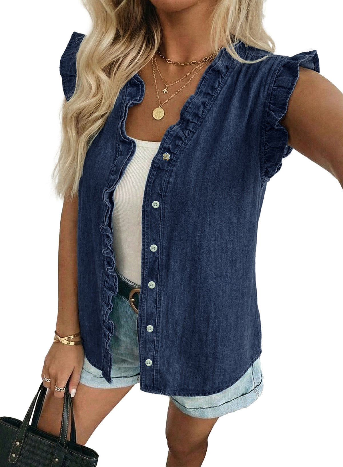 Dokotoo Denim Vest Women Sleeveless Tops Button Up Peplum V Neck Jean Vest