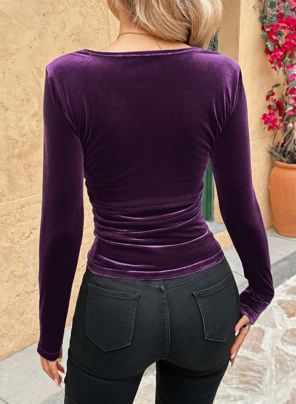 Dokotoo Womens Deep V Neck Long Sleeve Ruched Slim Fit Wrap Velvet Tops