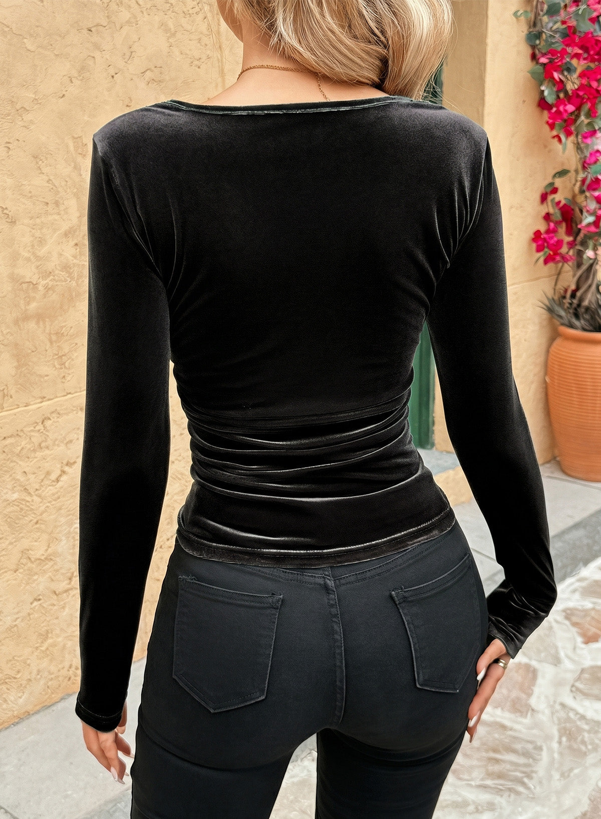 Dokotoo Womens Deep V Neck Long Sleeve Ruched Slim Fit Wrap Velvet Tops