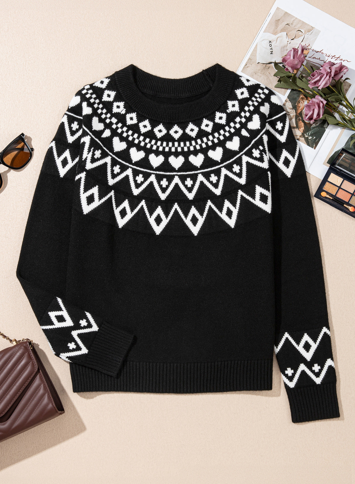 Festive Geometric Print Round Neck Shift Sweater