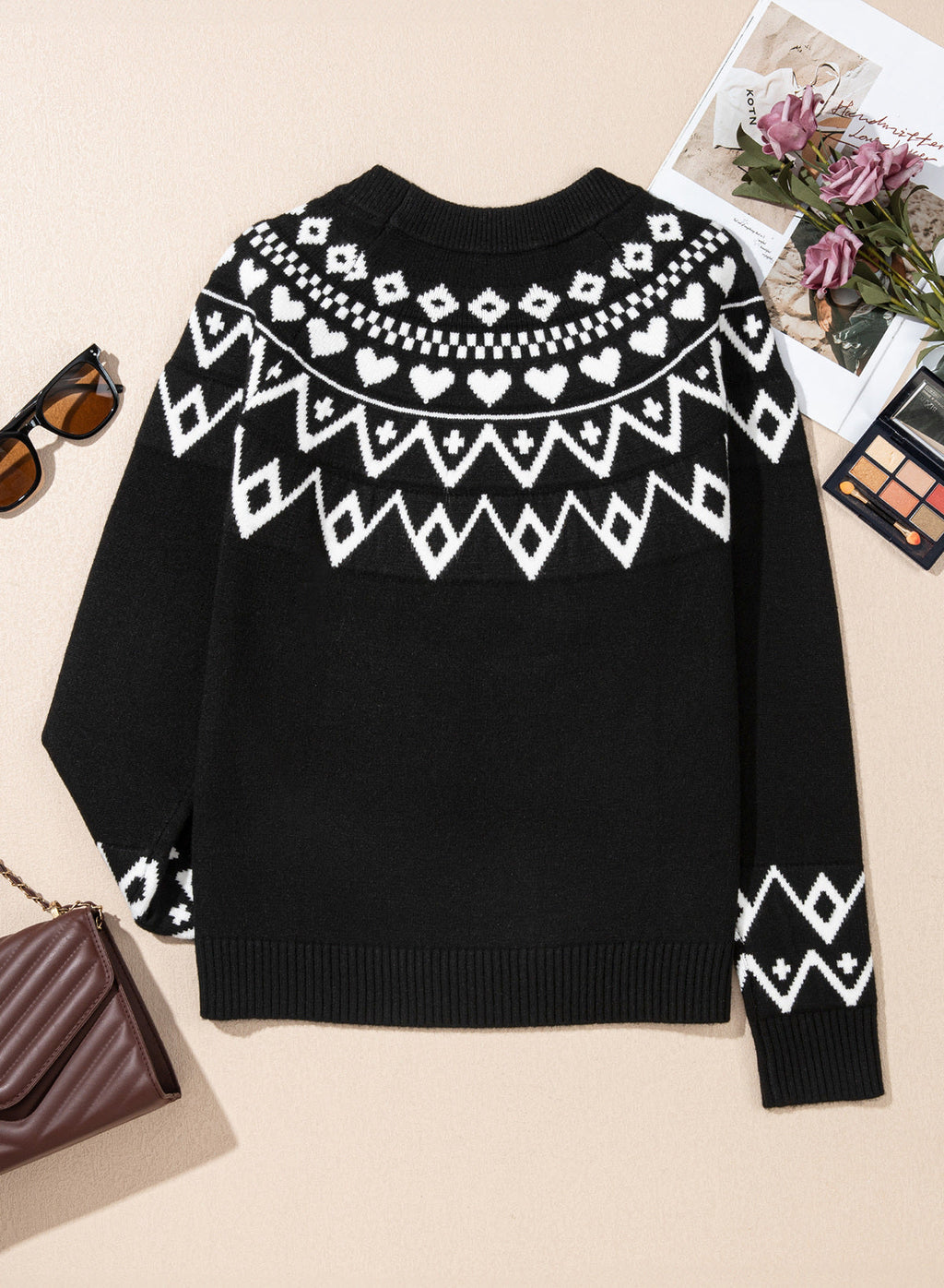 Festive Geometric Print Round Neck Shift Sweater