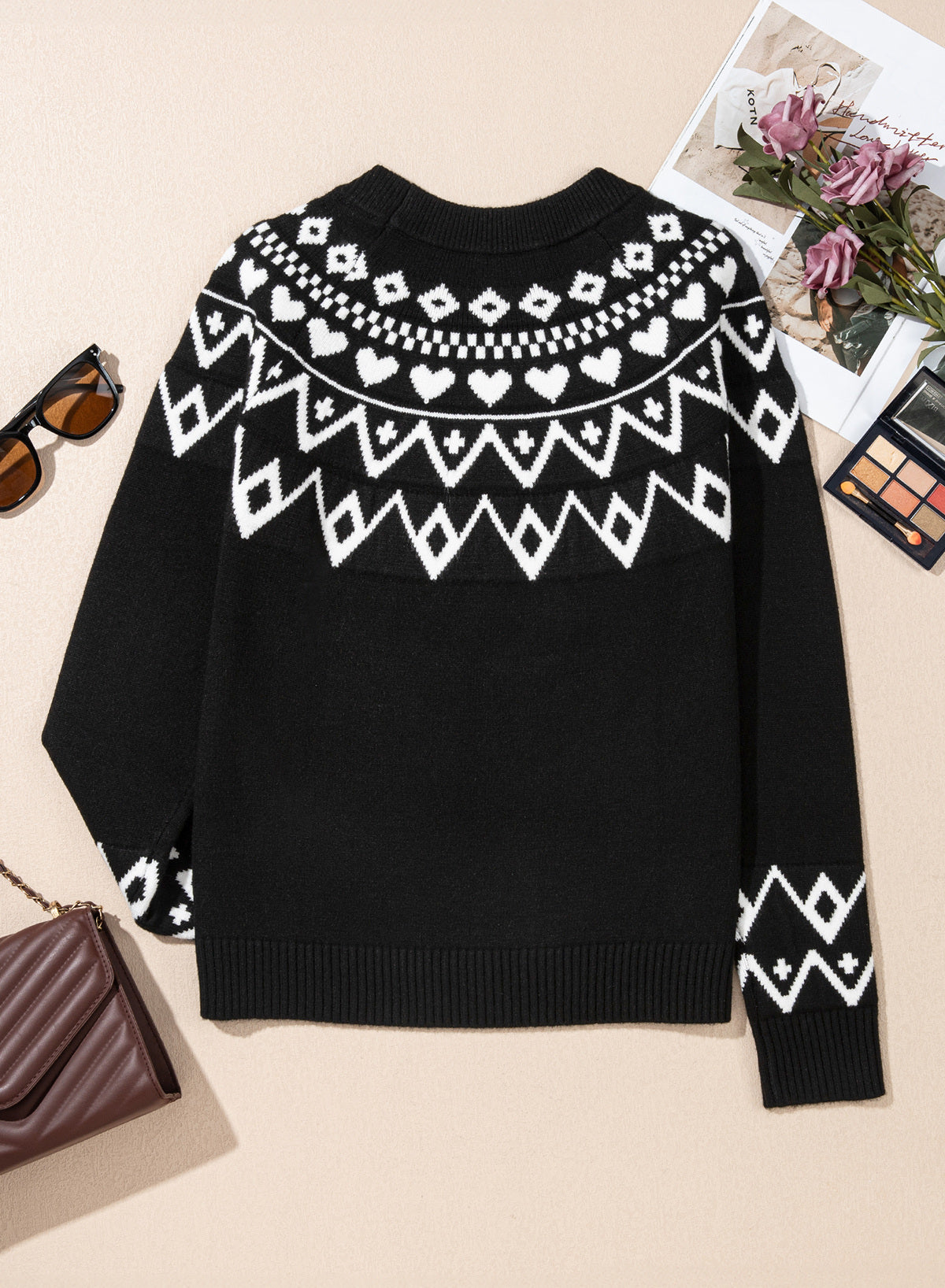 Festive Geometric Print Round Neck Shift Sweater