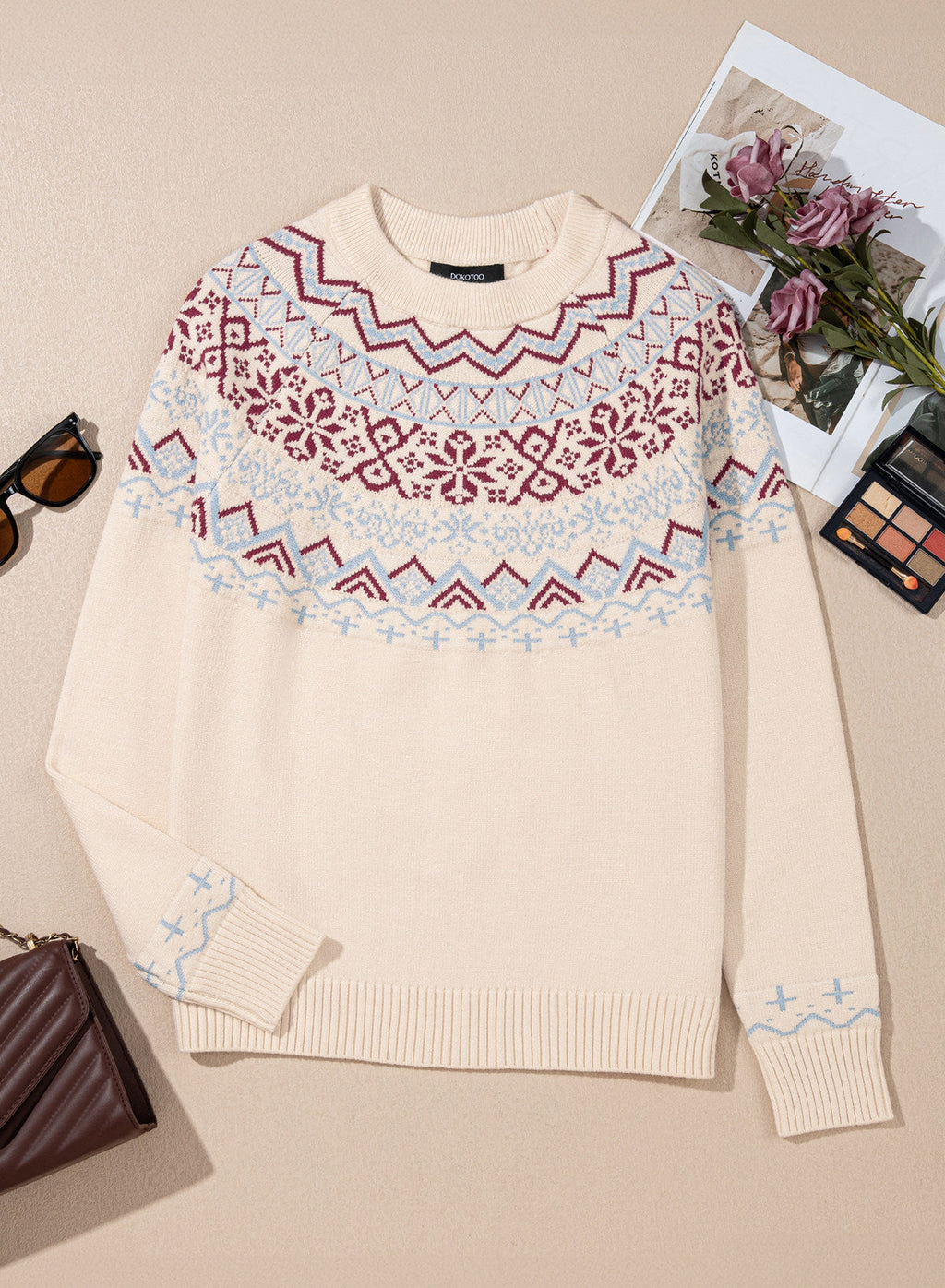 Festive Geometric Print Round Neck Shift Sweater