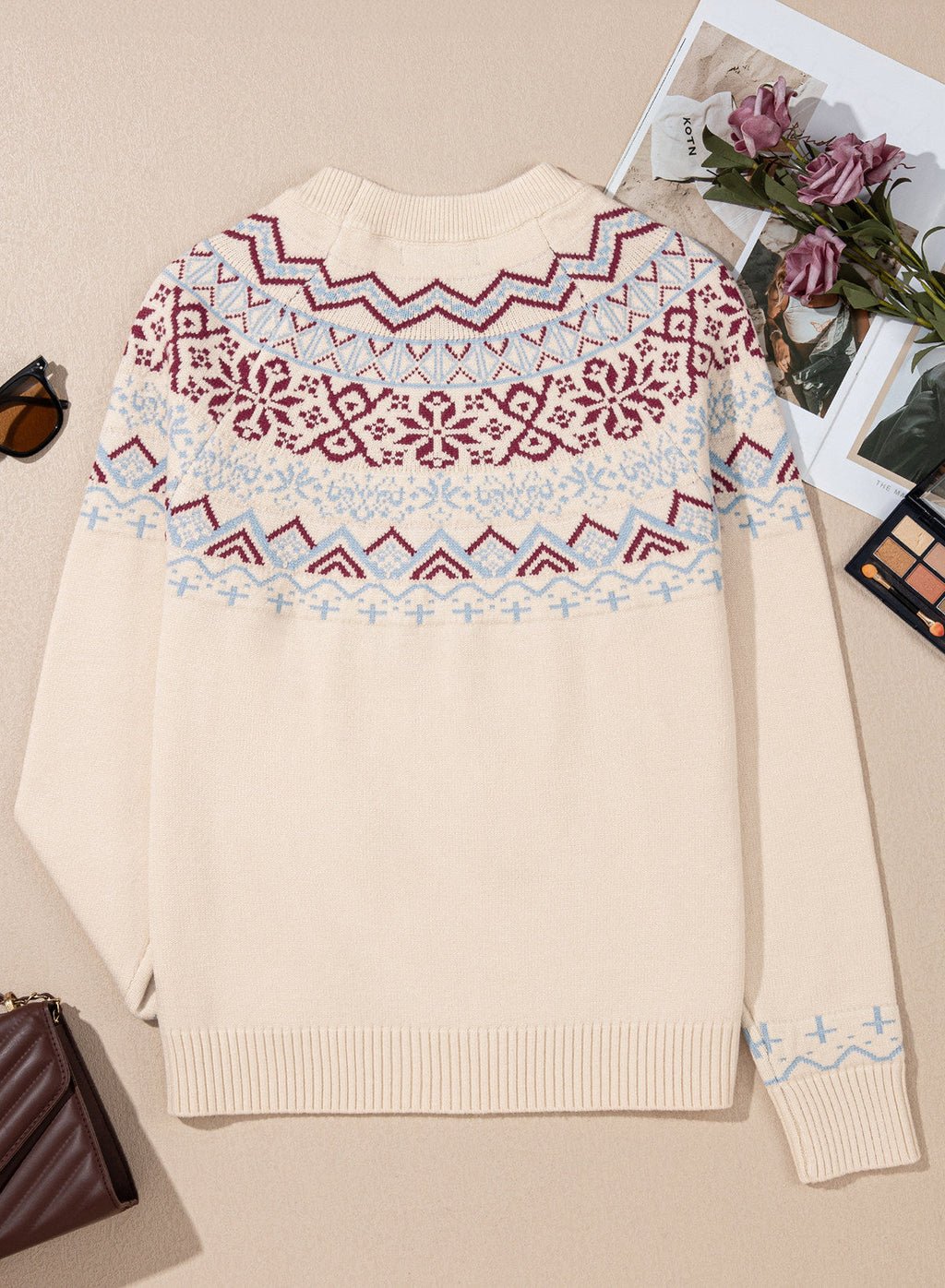 Festive Geometric Print Round Neck Shift Sweater