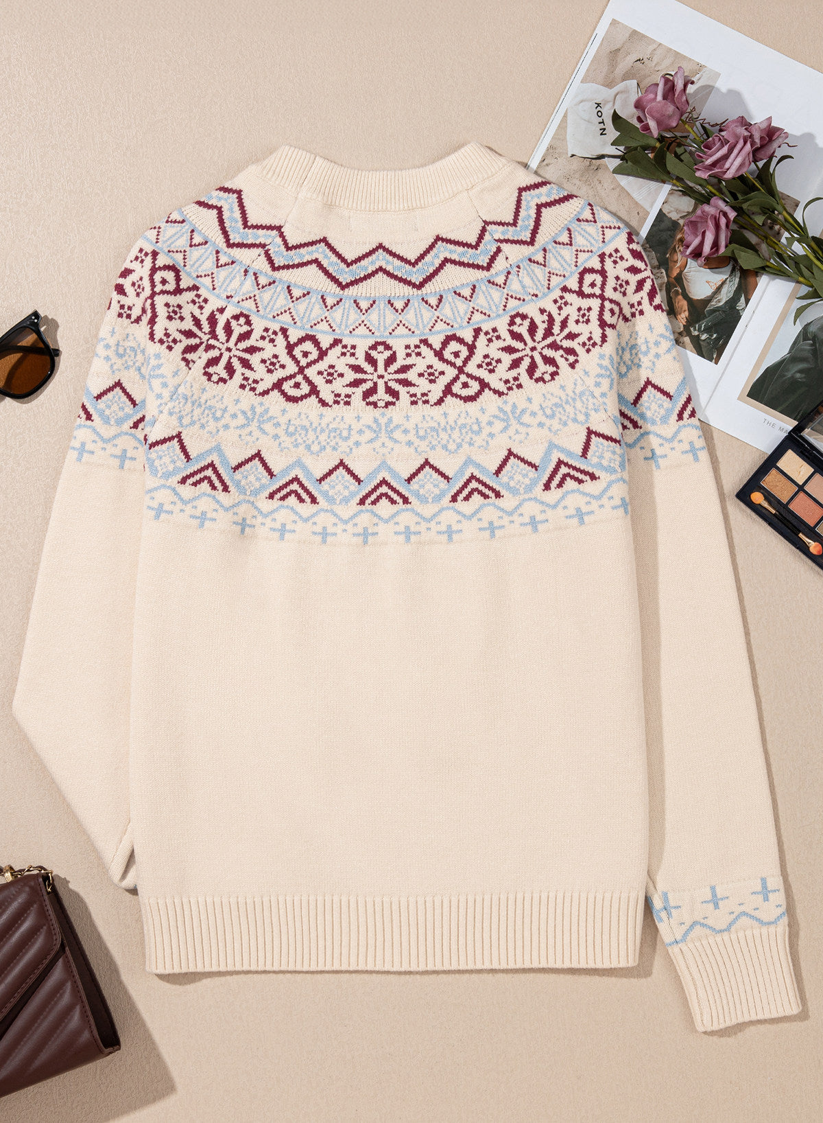 Festive Geometric Print Round Neck Shift Sweater
