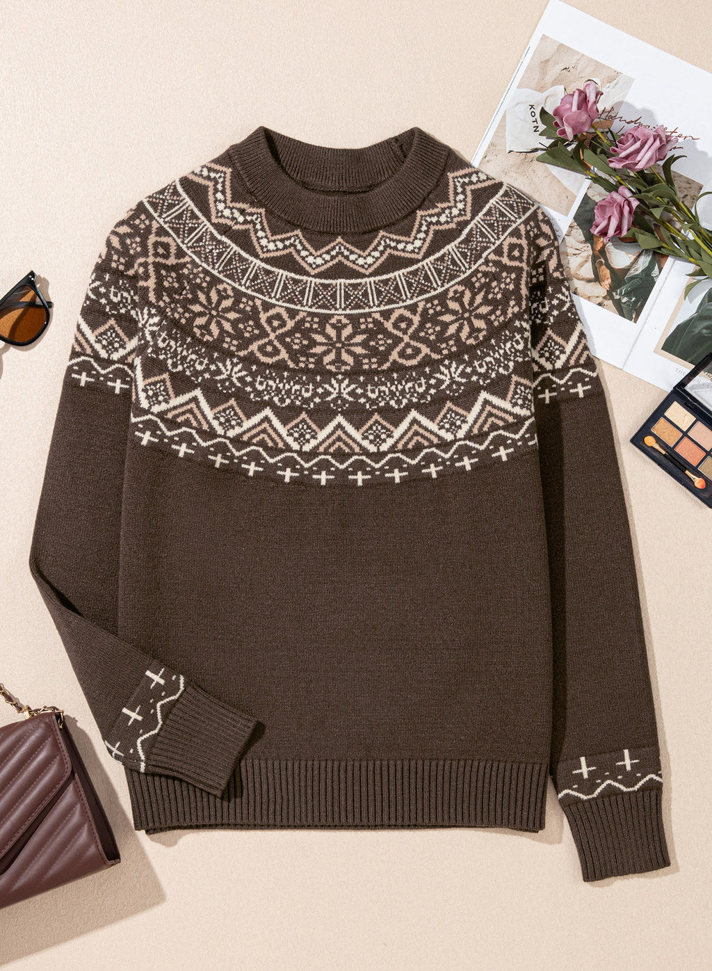 Festive Geometric Print Round Neck Shift Sweater