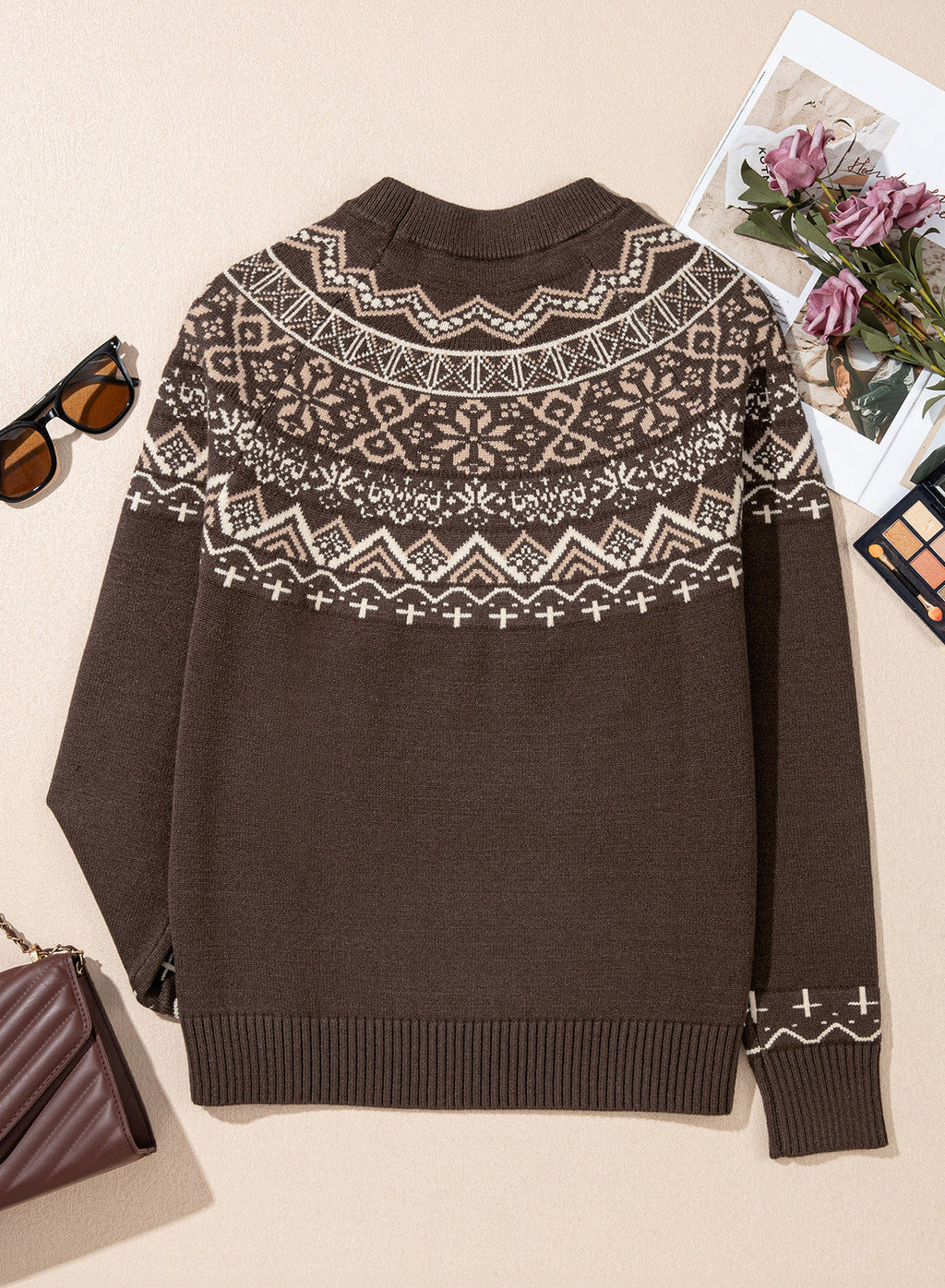 Festive Geometric Print Round Neck Shift Sweater