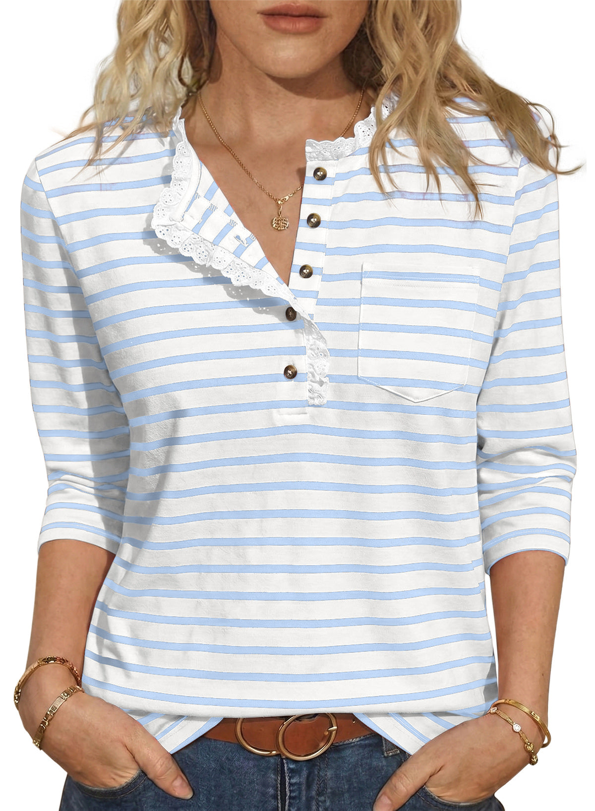 Womens Tops 3/4 Length Sleeve V Neck Loose Casual T Shirts