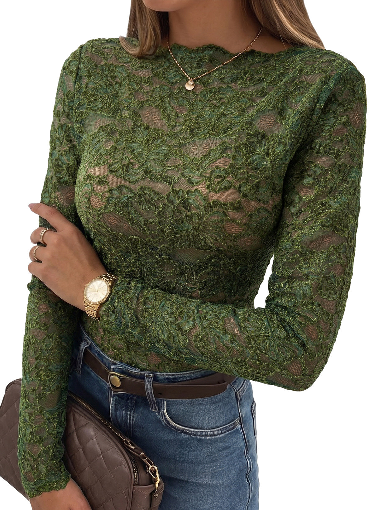 Dokotoo Lace Long Sleeve Tops for Women Sheer Mesh Fall Y2K Blouse 2026