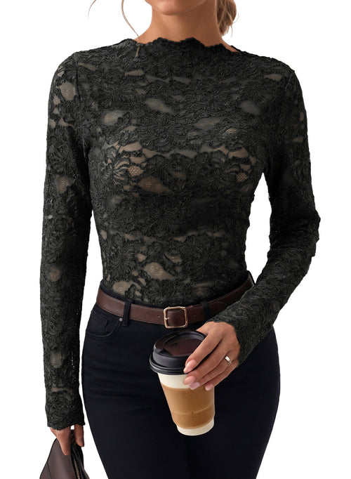 Dokotoo Lace Long Sleeve Tops for Women Sheer Mesh Fall Y2K Blouse 2026